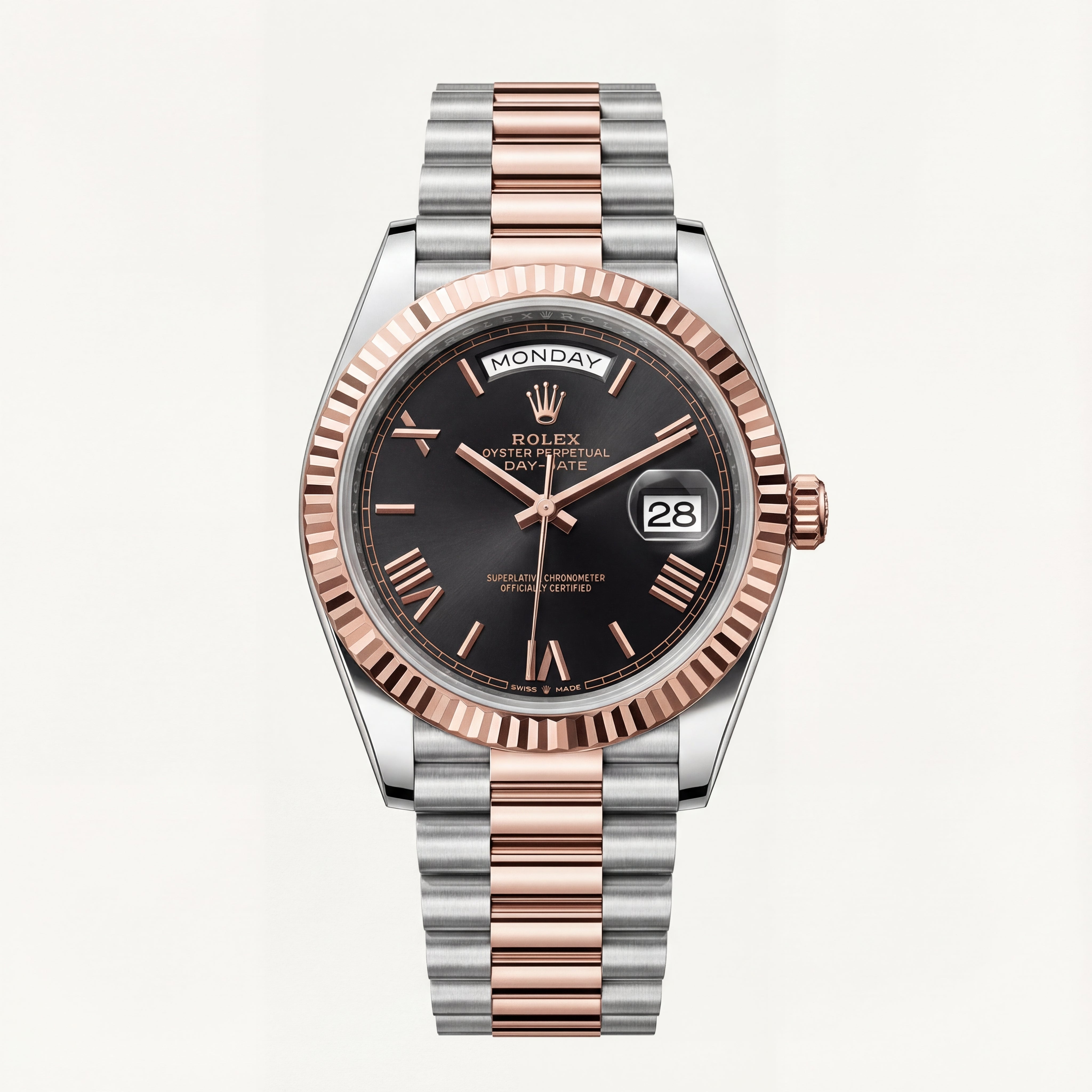 Obsidian Black Fluted Bezel Day-Date Automatic Steel Watch