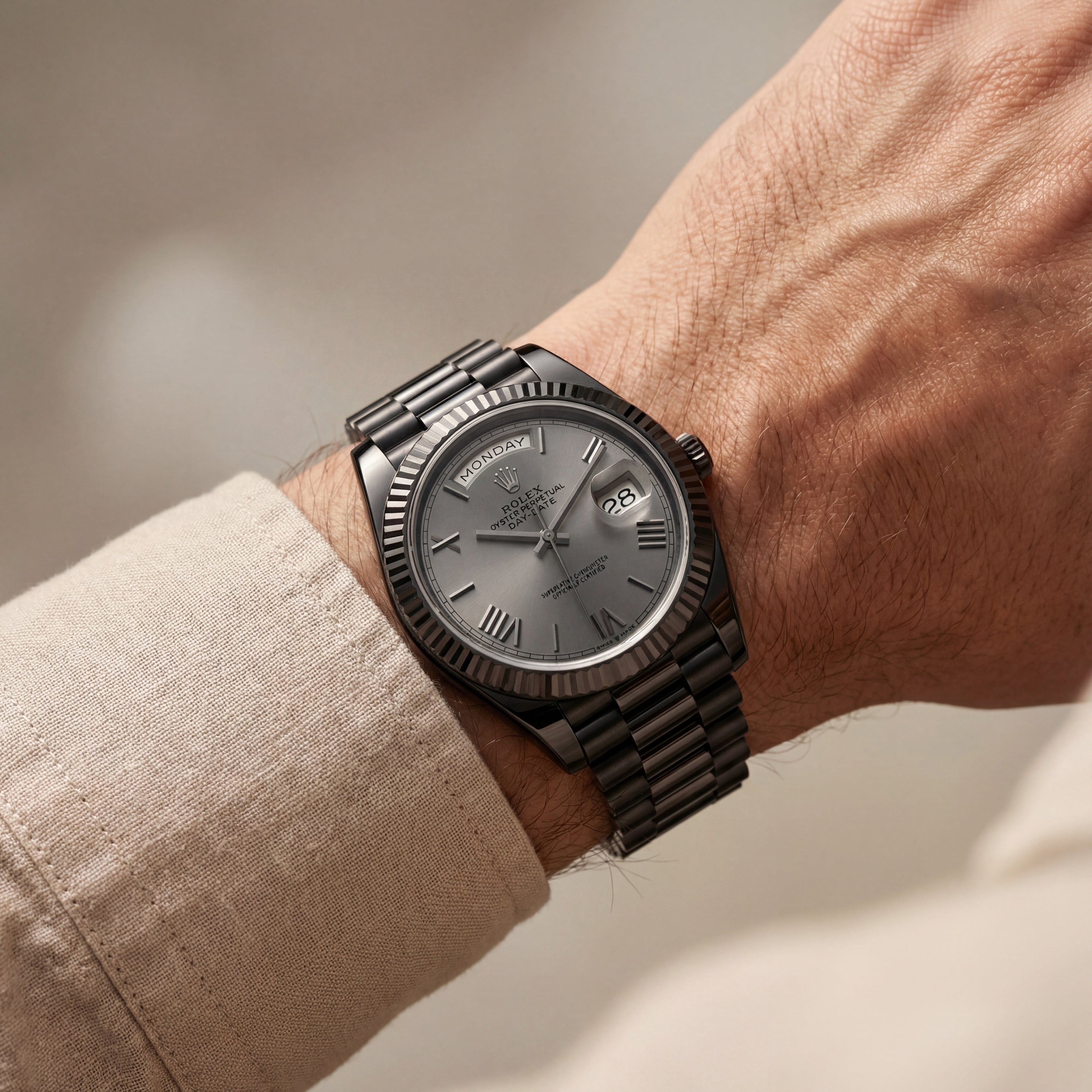 Slate Grey Fluted Bezel Day-Date Automatic Steel Watch