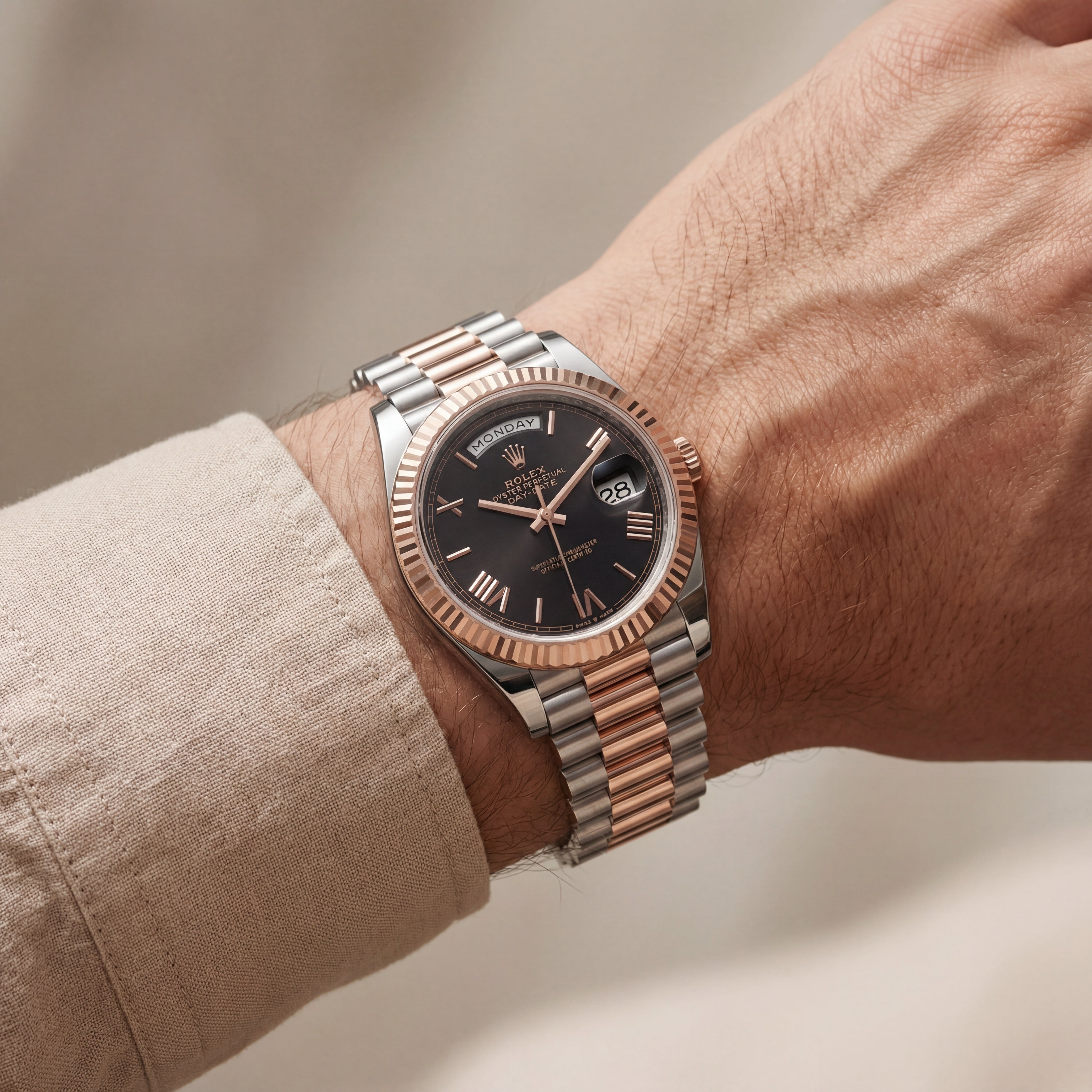 Obsidian Black Fluted Bezel Day-Date Automatic Steel Watch