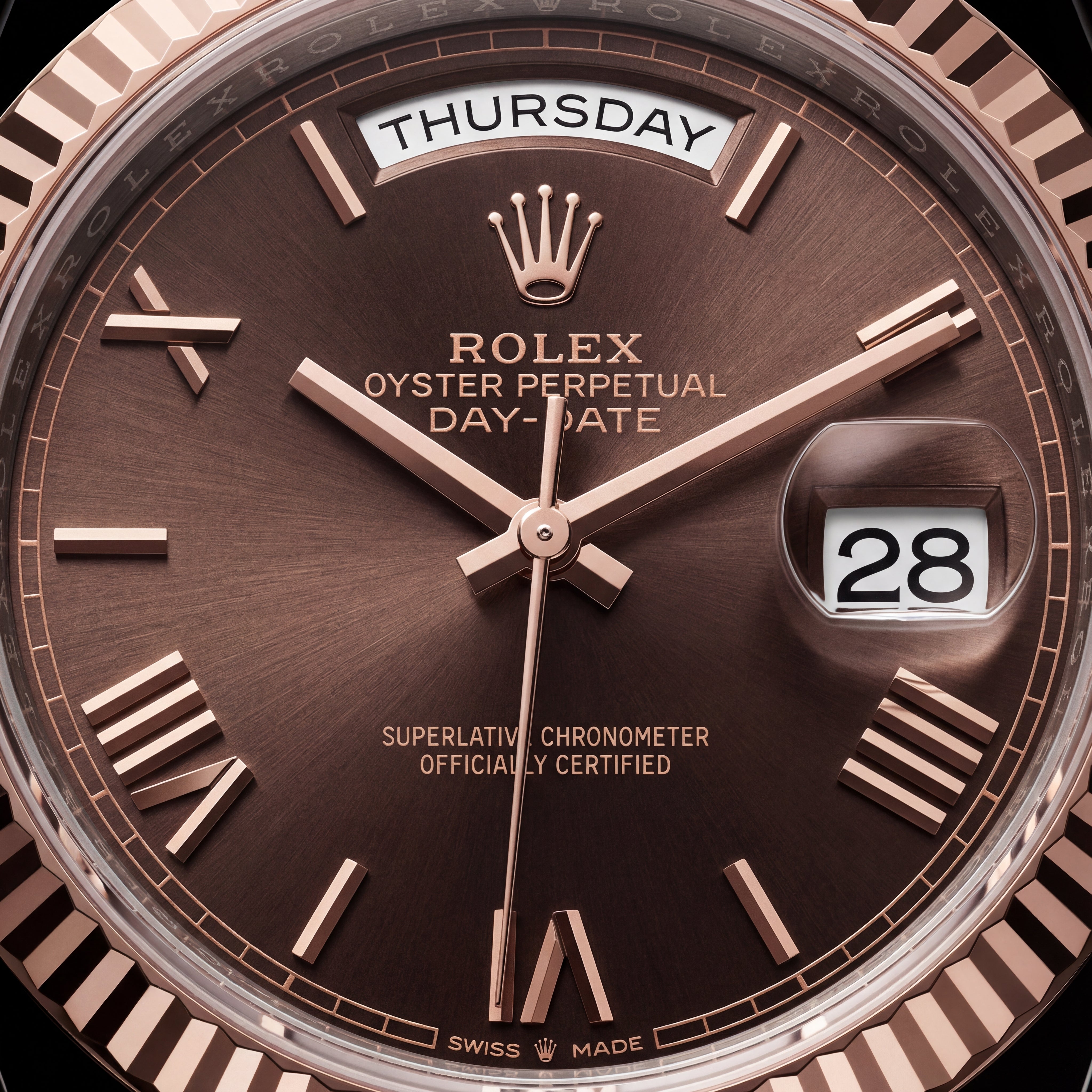 Chocolate Brown Fluted Bezel Day-Date Automatic Steel Watch