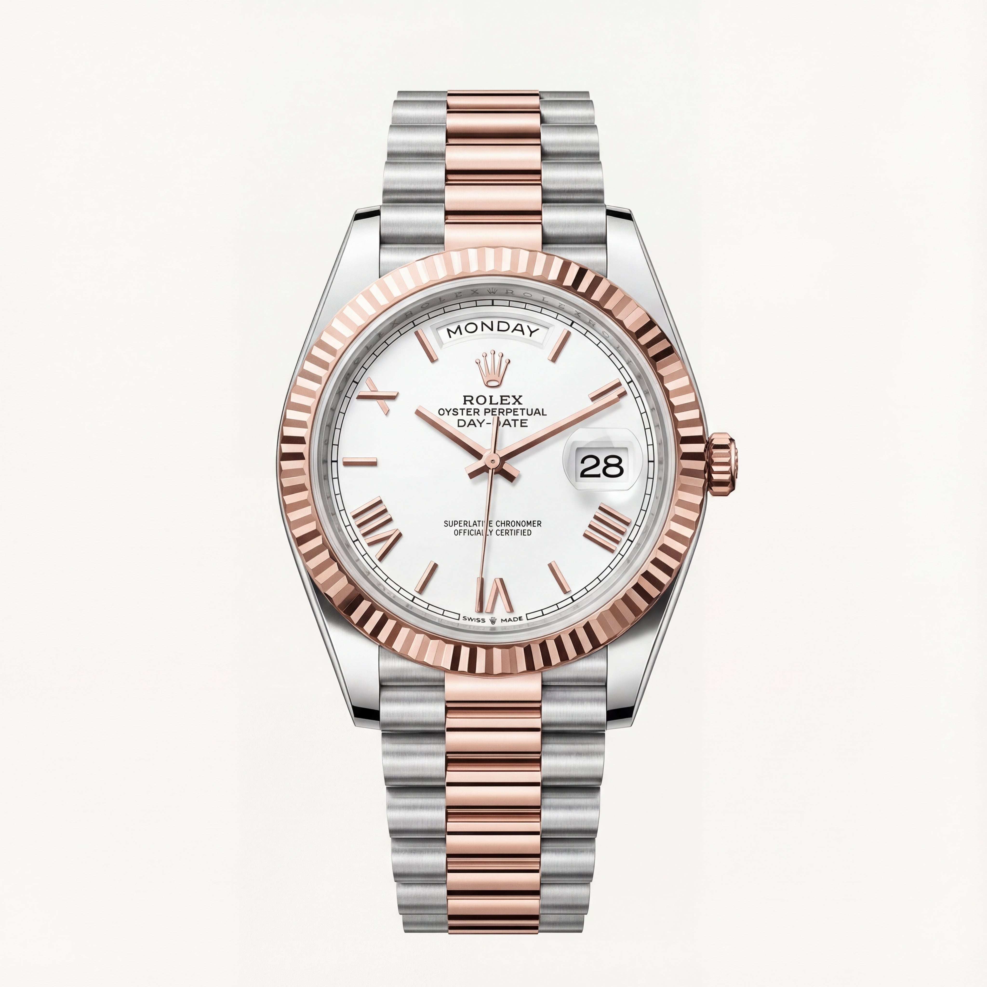 Rose Gold Fluted Bezel Day-Date Steel Watch
