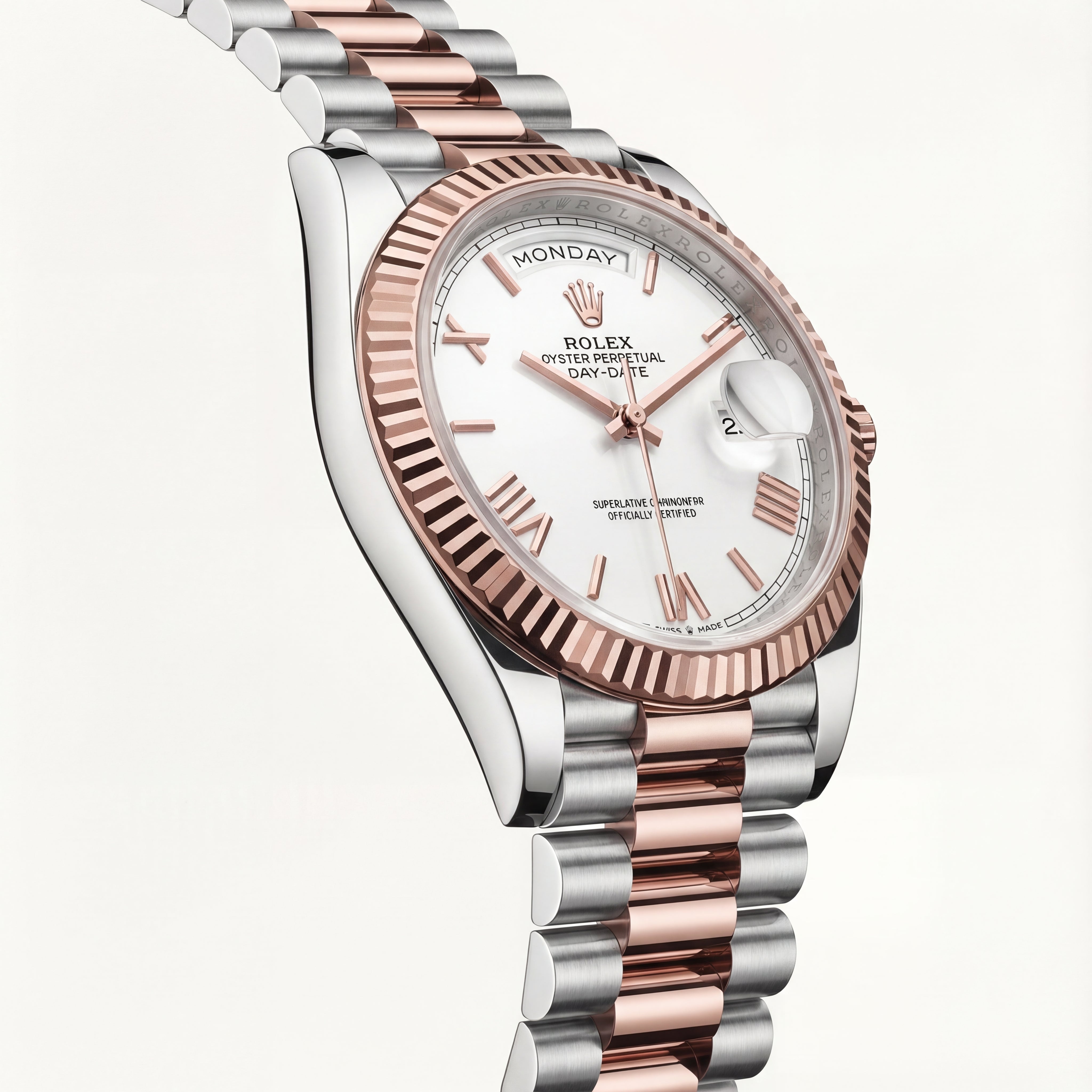 Rose Gold Fluted Bezel Day-Date Steel Watch