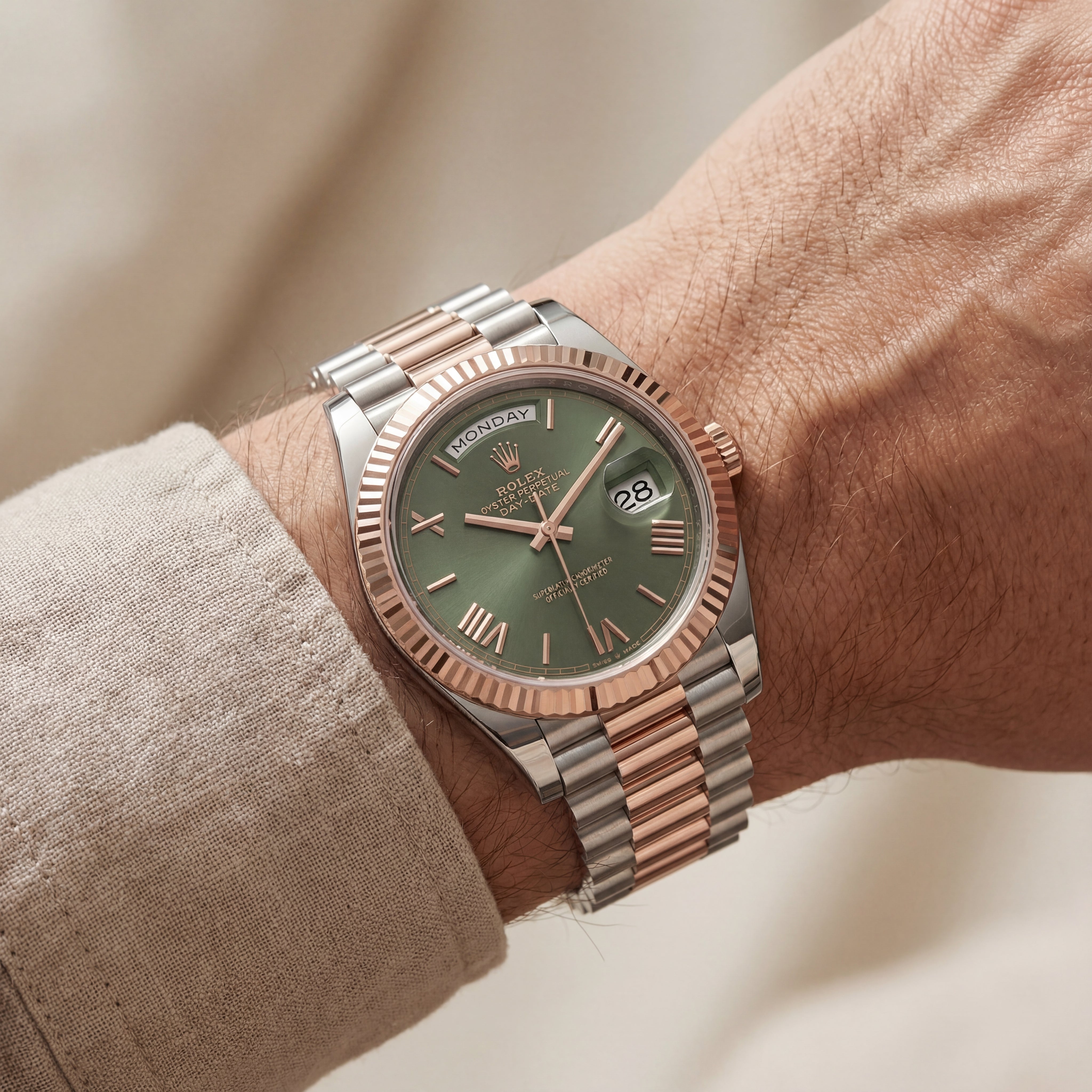 Olive Green Fluted Bezel Day-Date Automatic Steel Watch