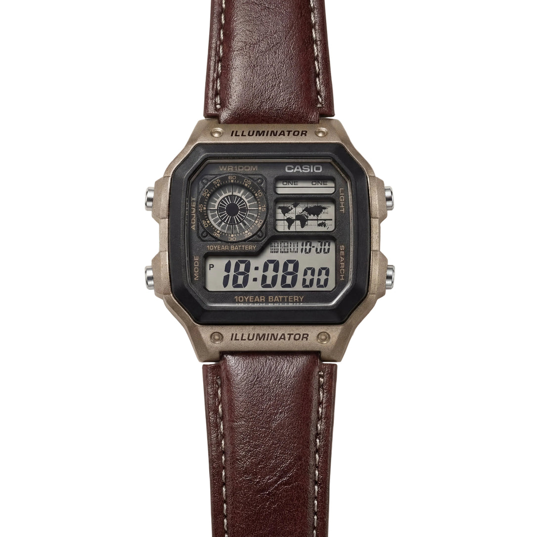 Bronze World Time Digital Leather Watch