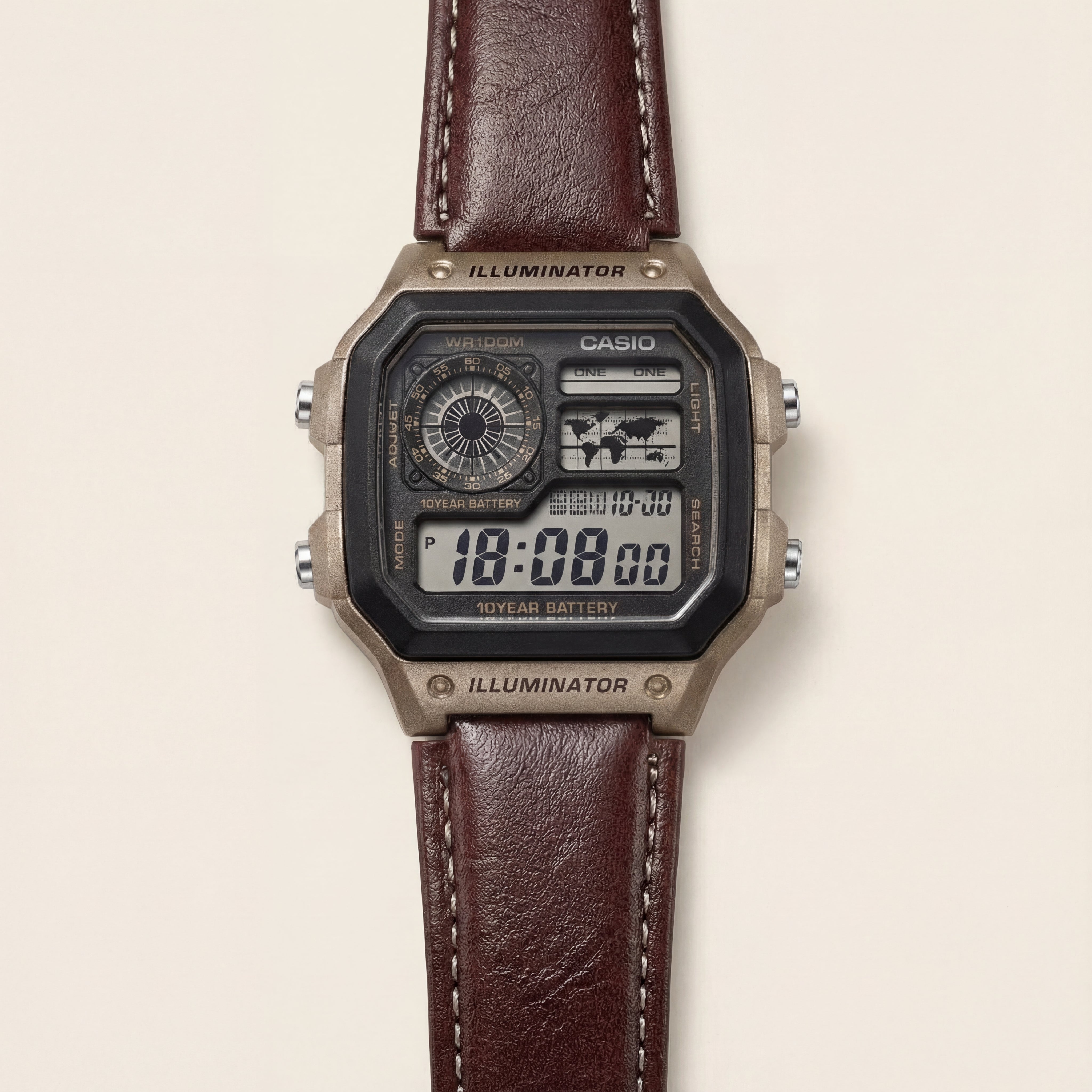 Bronze World Time Digital Leather Watch