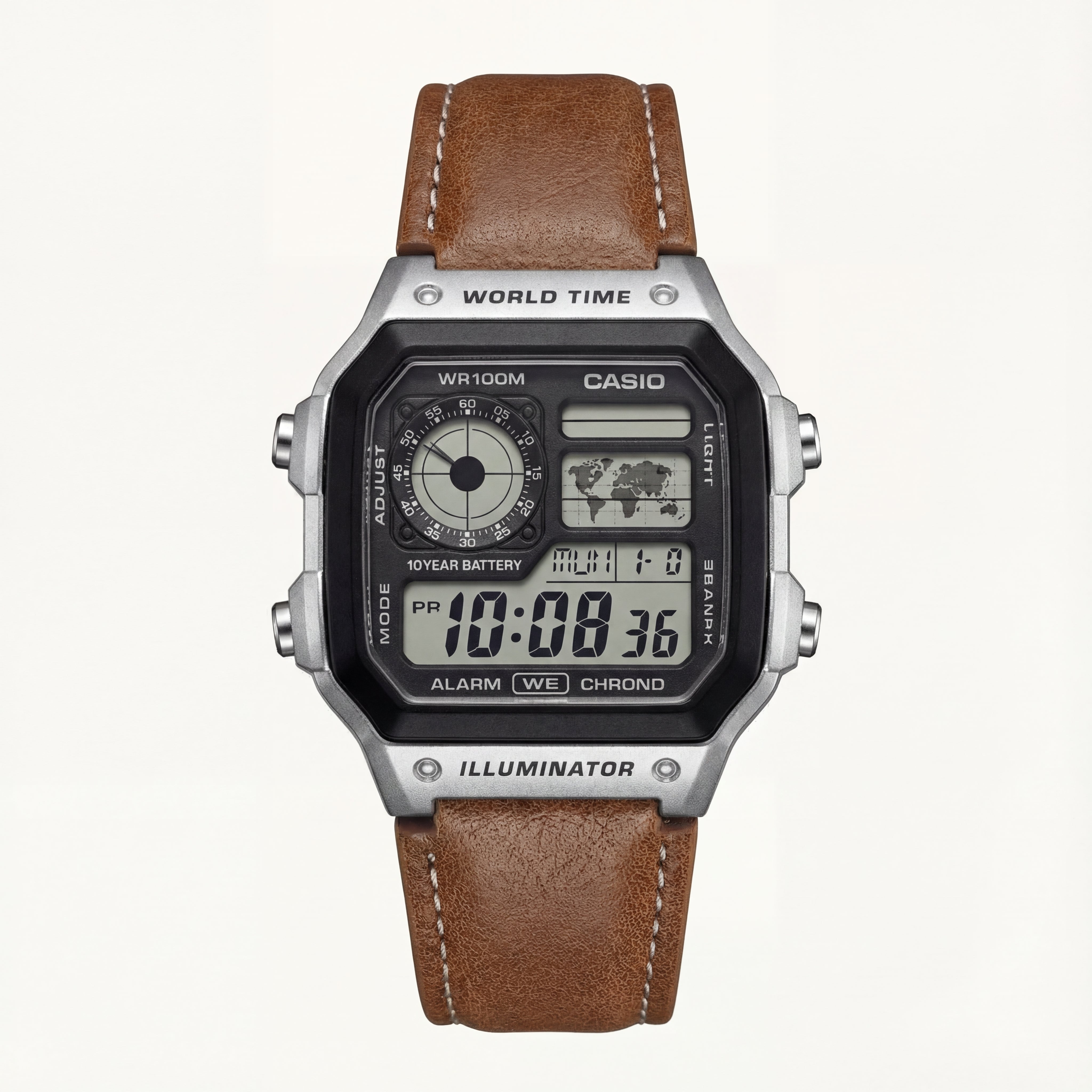 Vintage World Time Digital Leather Watch