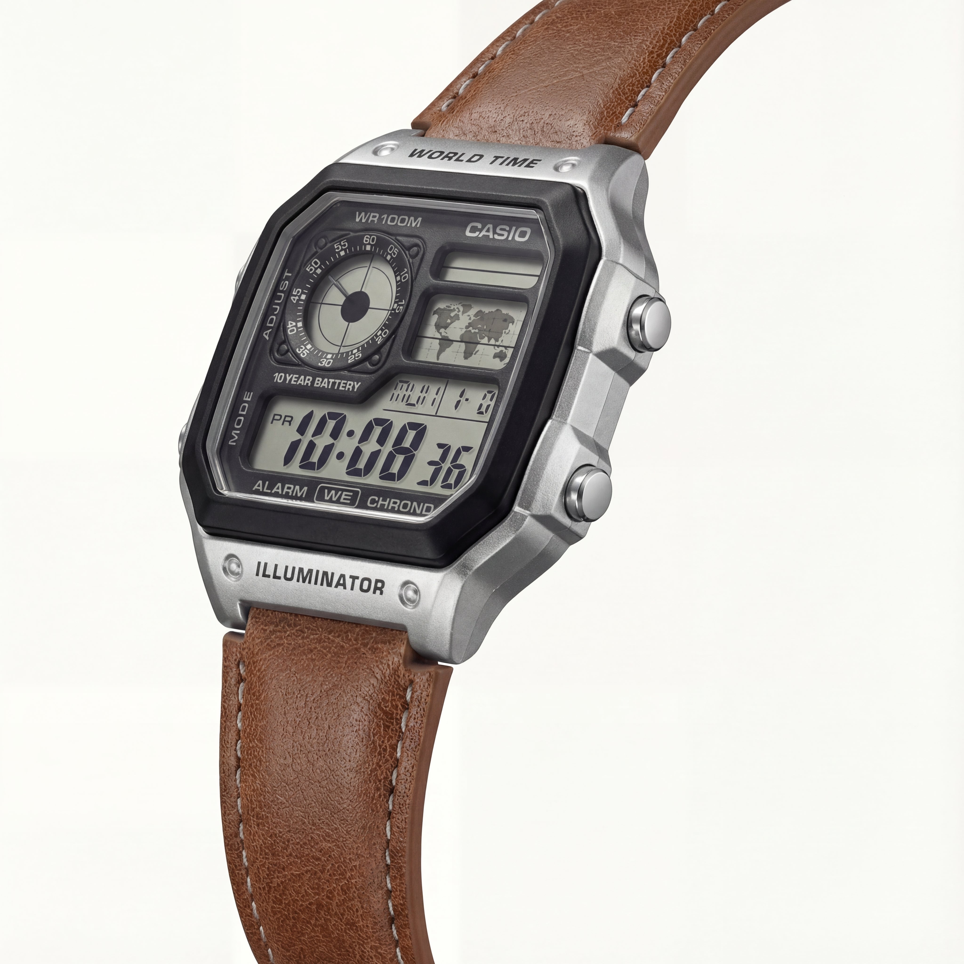 Vintage World Time Digital Leather Watch