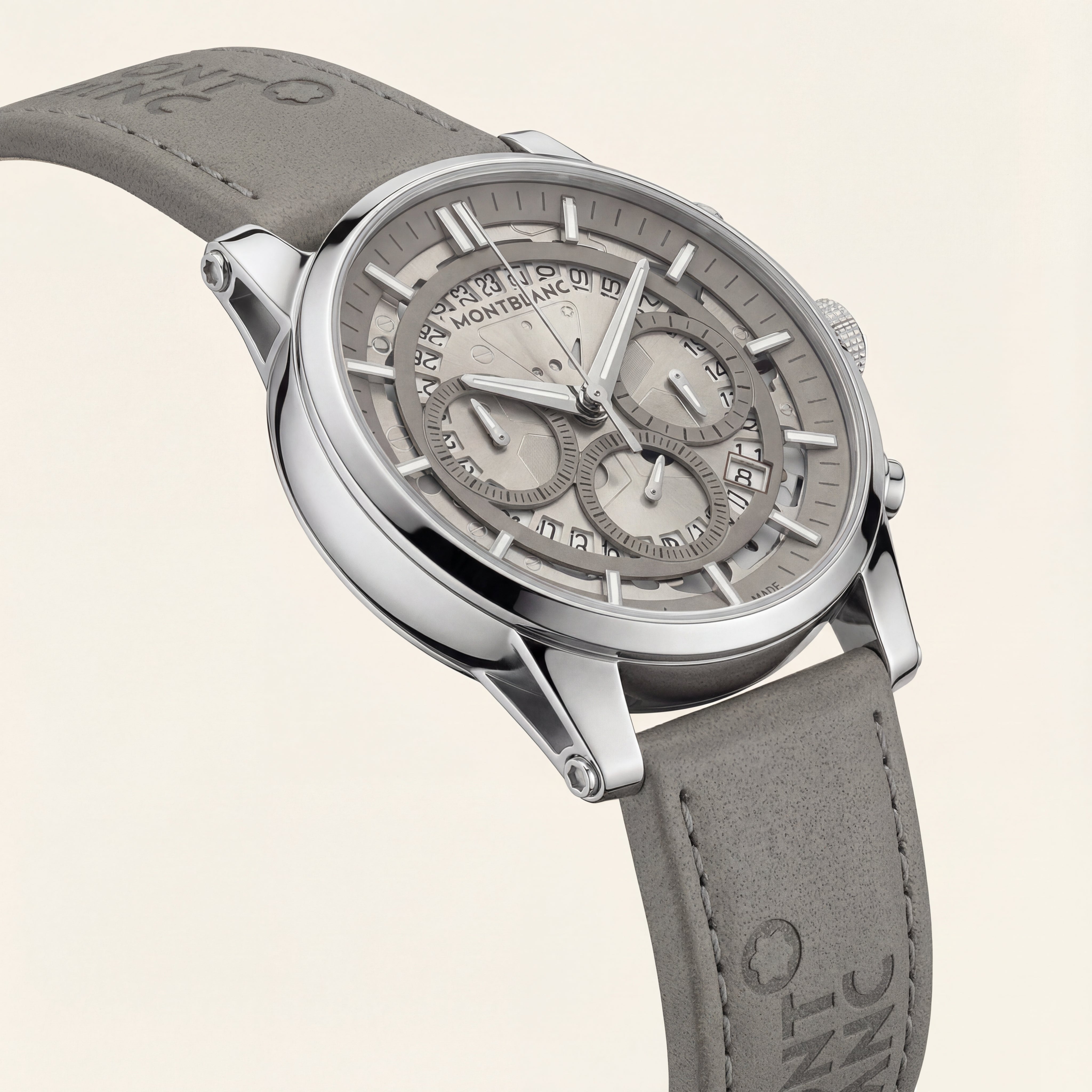 Skeleton Chronograph Silver Dial Leather Strap Men’s Watch