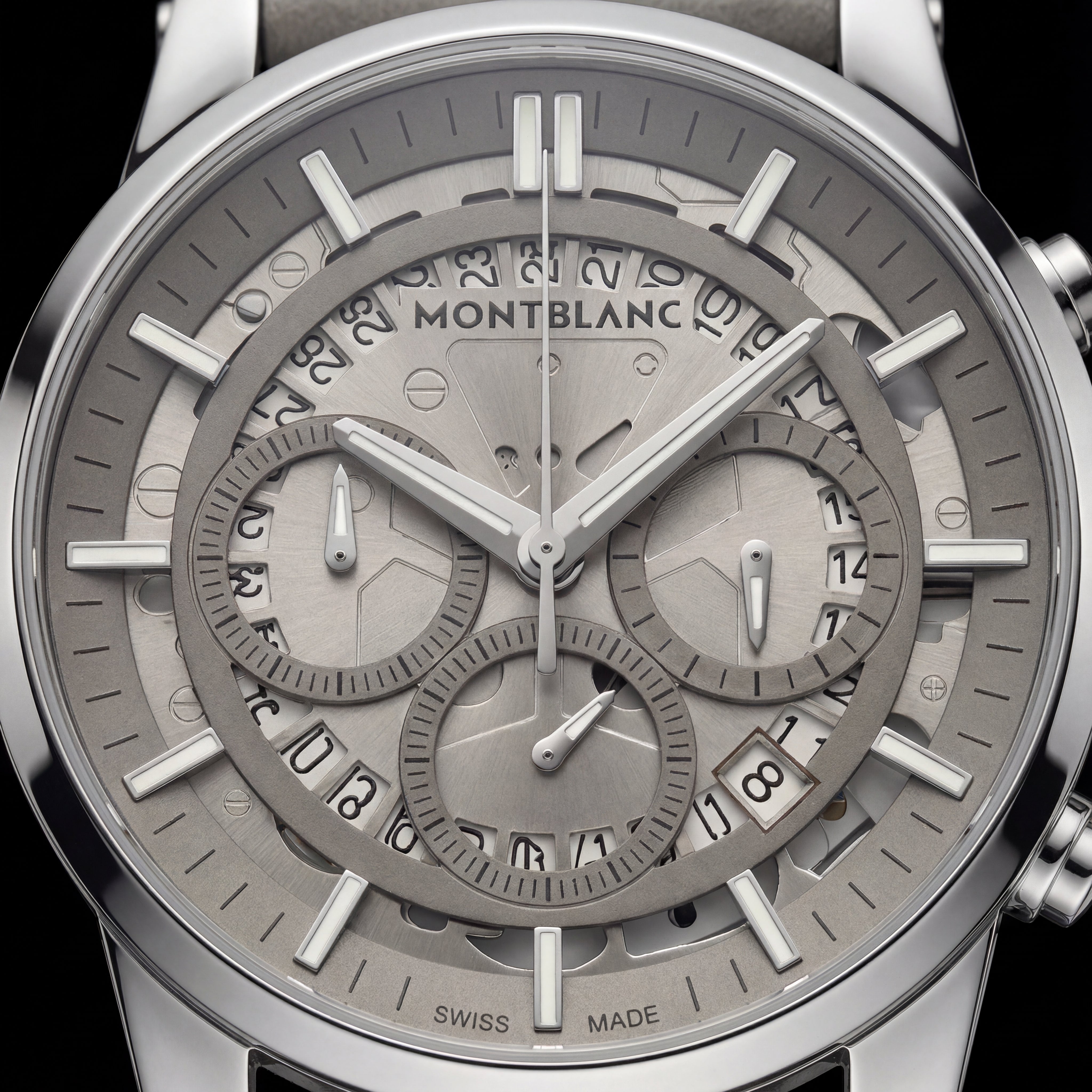 Skeleton Chronograph Silver Dial Leather Strap Men’s Watch