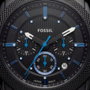 Black Steel Chronograph Watch with Blue Accents for Men