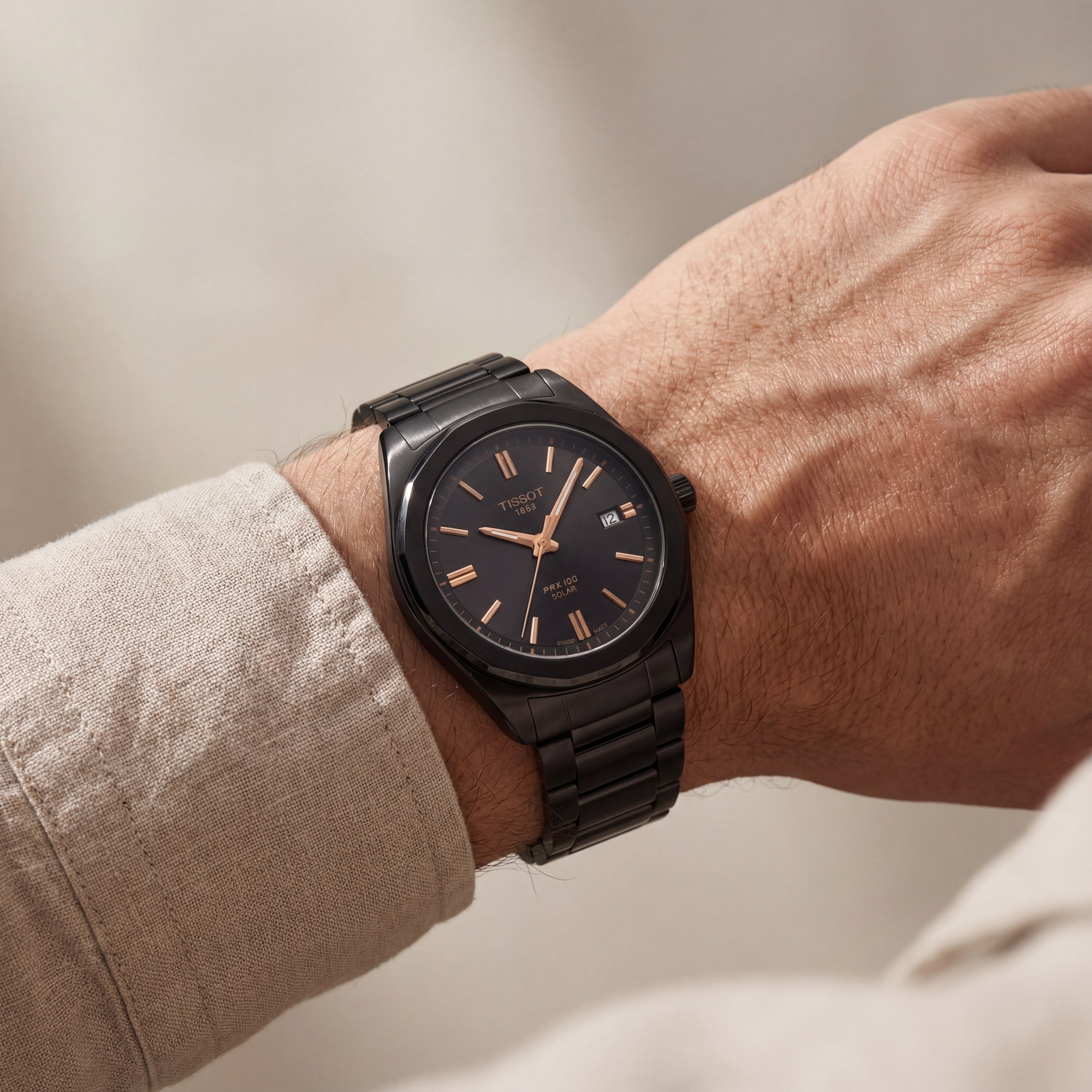 Matte Black Solar Quartz Stainless Steel Dress Watch