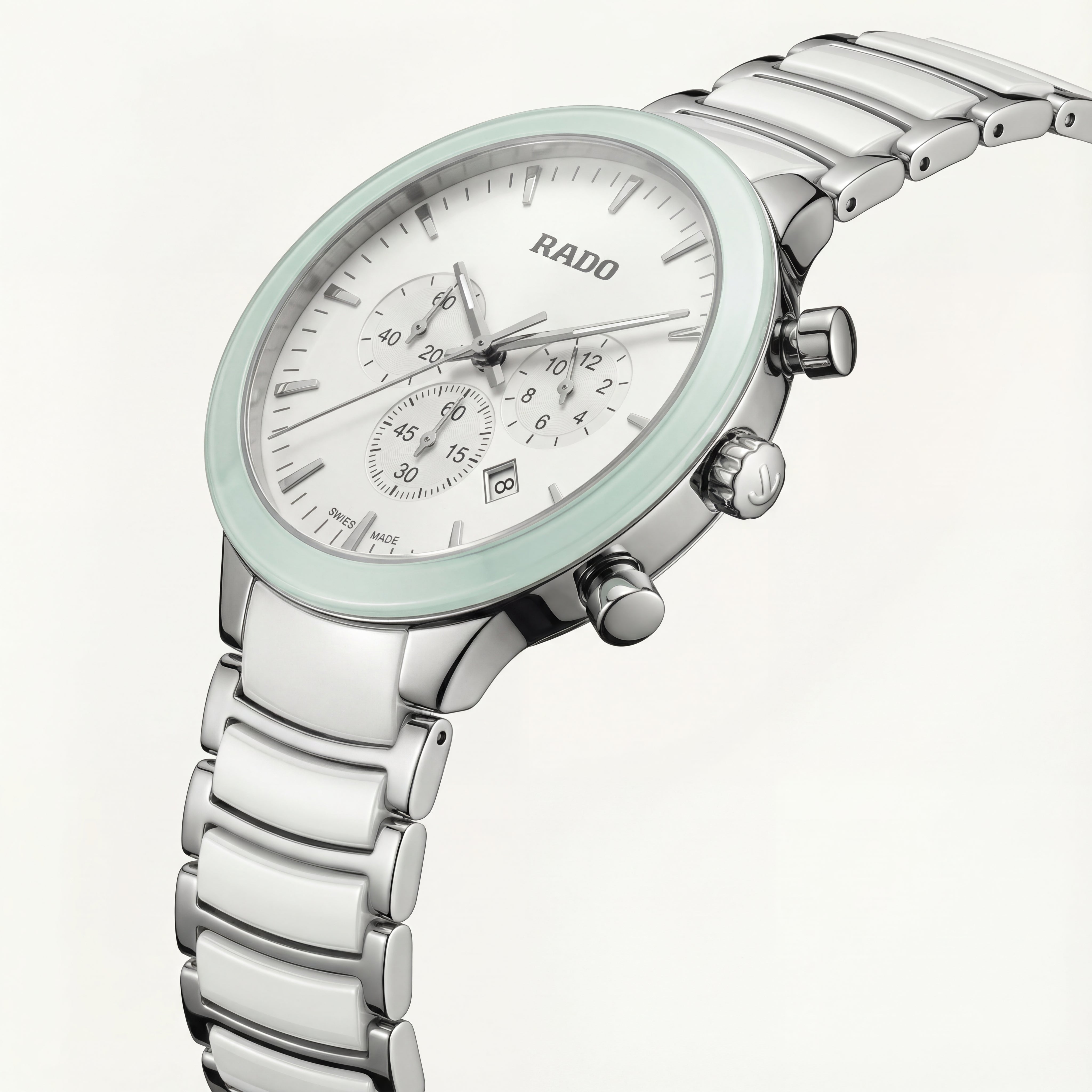 Luxury Chronograph Men’s Watch with White Dial & Mint Bezel