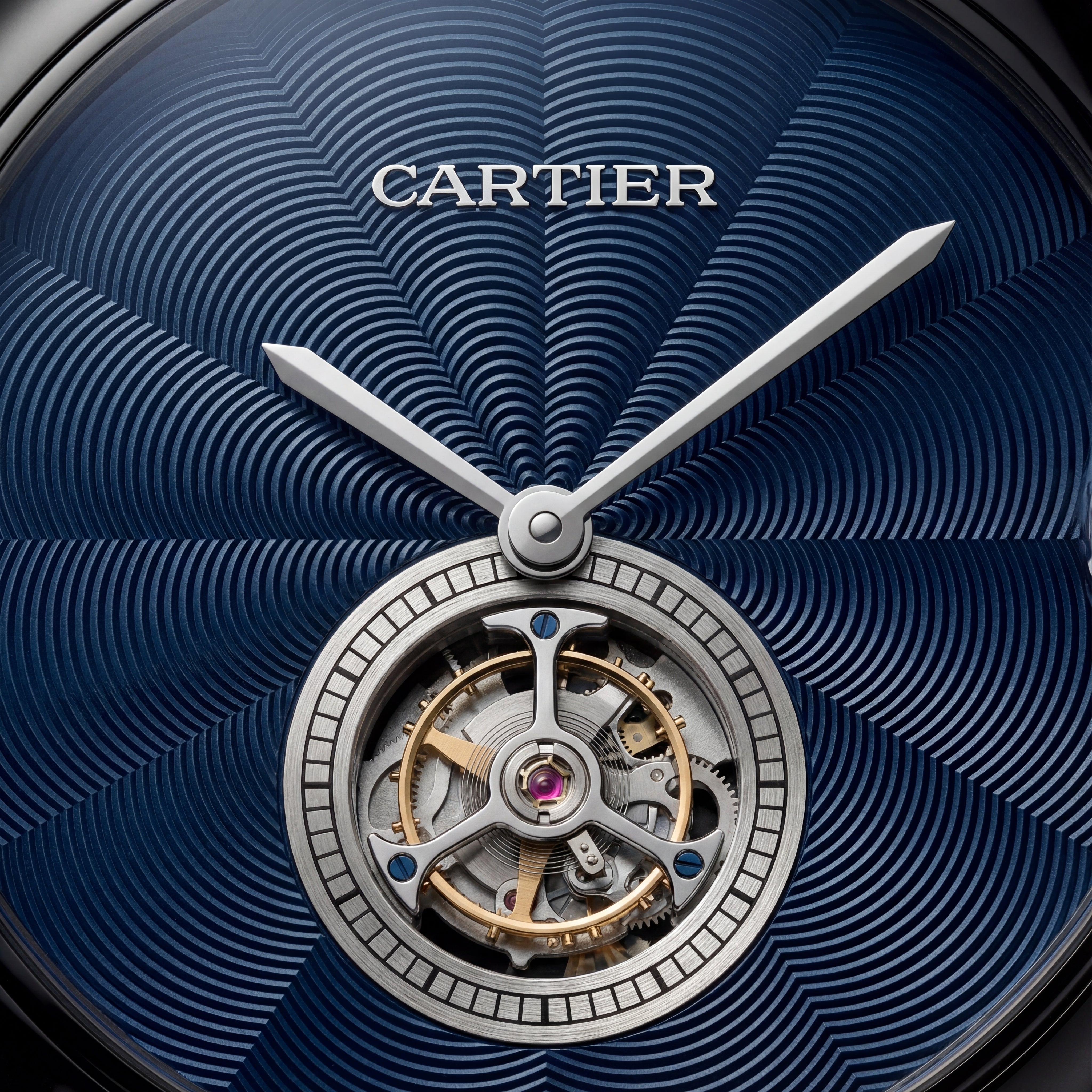 Black Open Heart Luxury Watch with Deep Blue Textured Dial