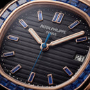 Rose Gold Stainless Steel Watch with Blue Gem Bezel & Black Dial