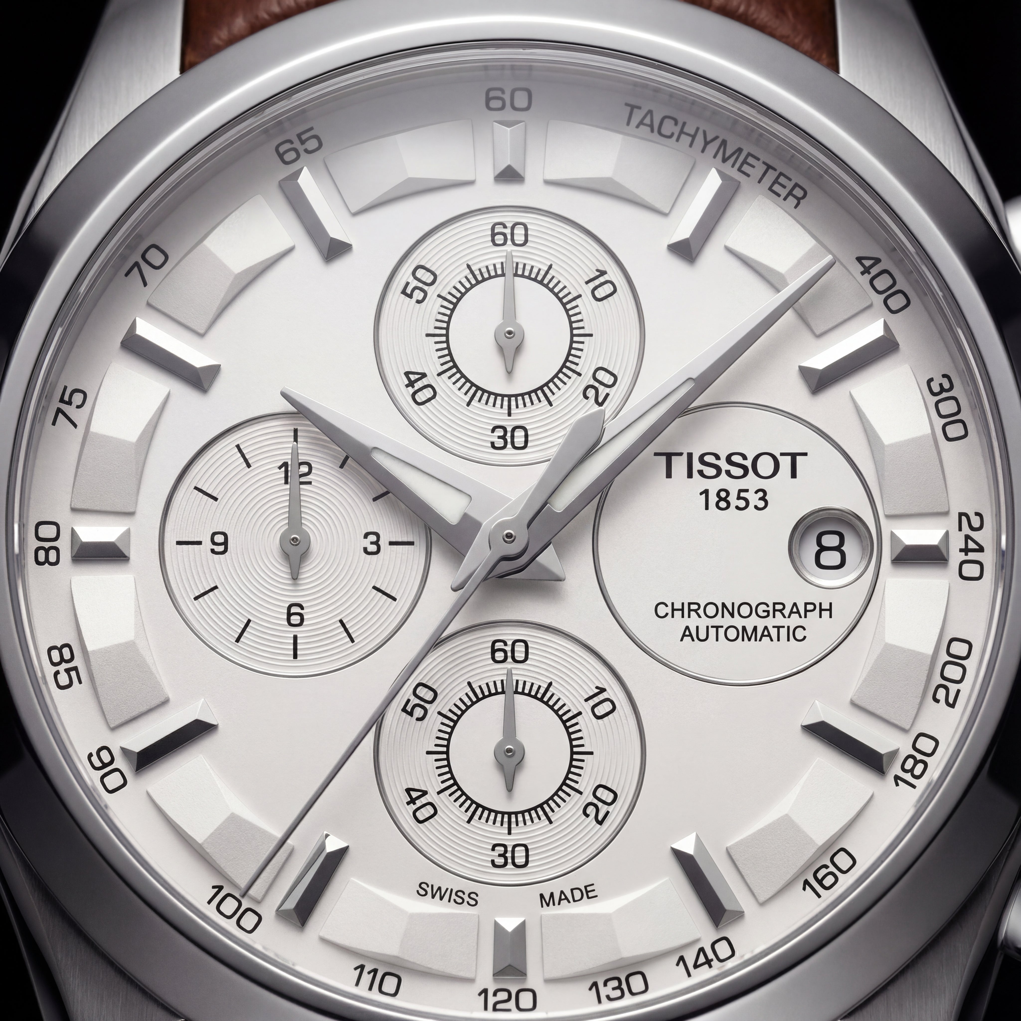 Classic Silver Chronograph Watch with White Dial & Brown Leather Strap