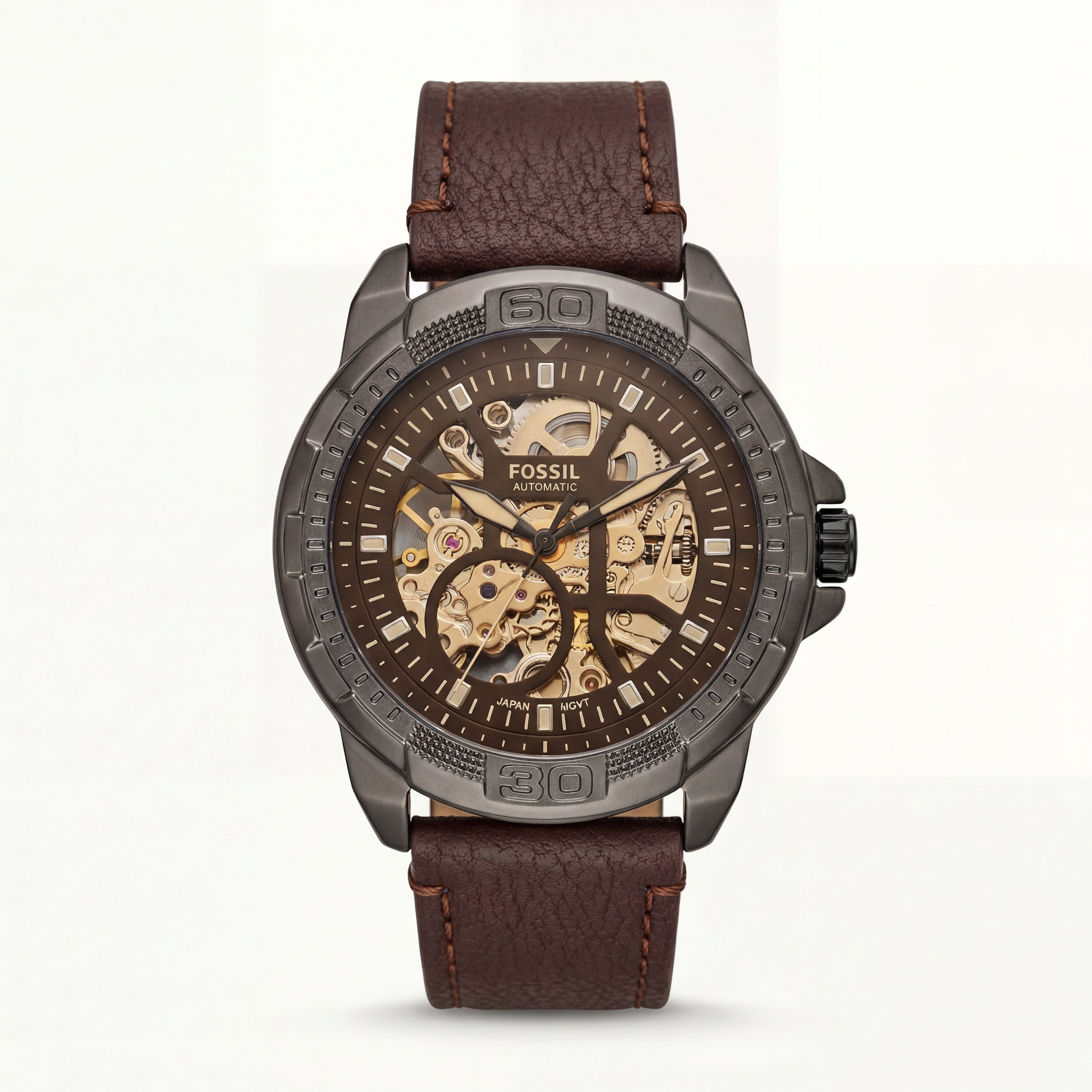 Skeleton Automatic Men’s Watch with Gunmetal Case & Brown Leather Strap