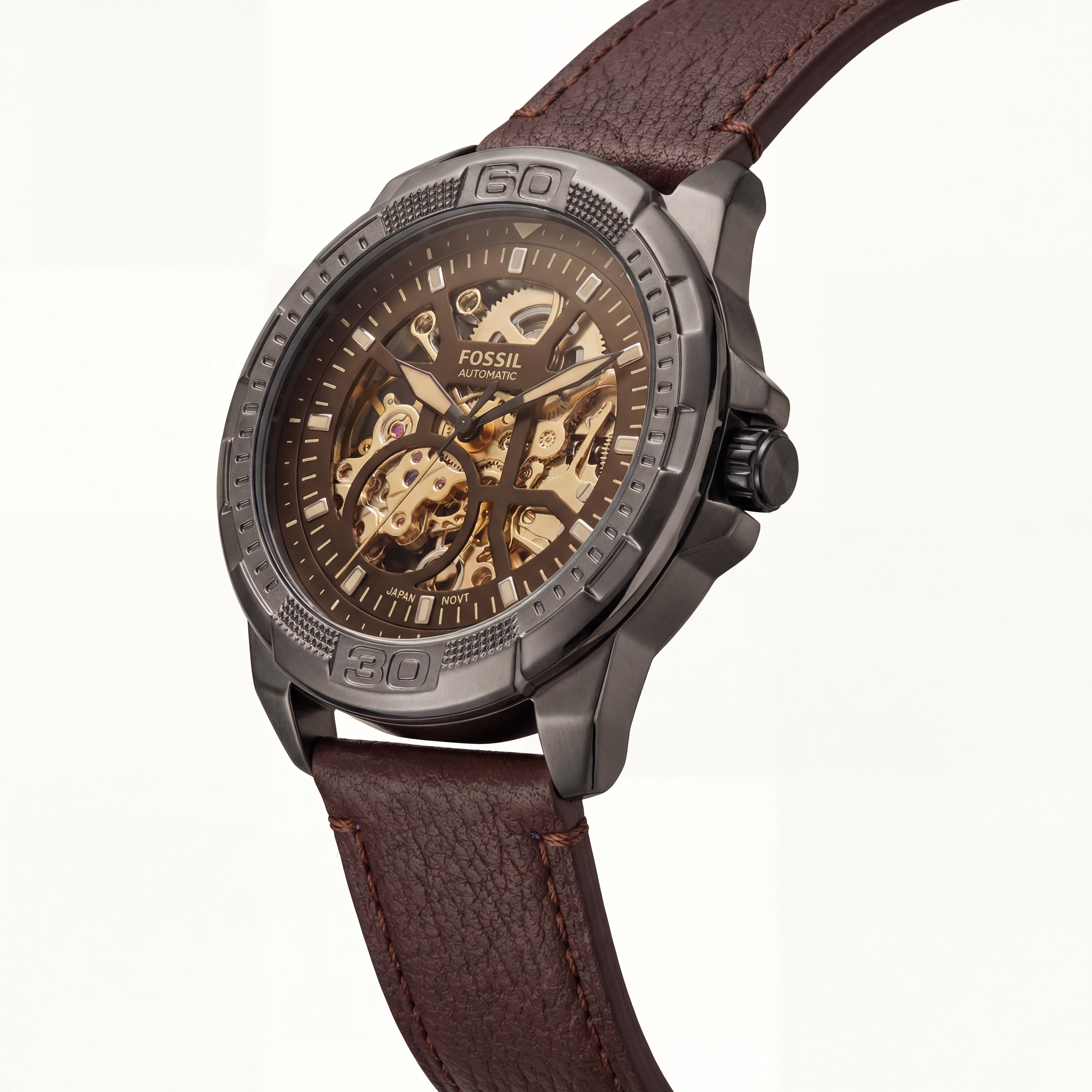 Skeleton Automatic Men’s Watch with Gunmetal Case & Brown Leather Strap