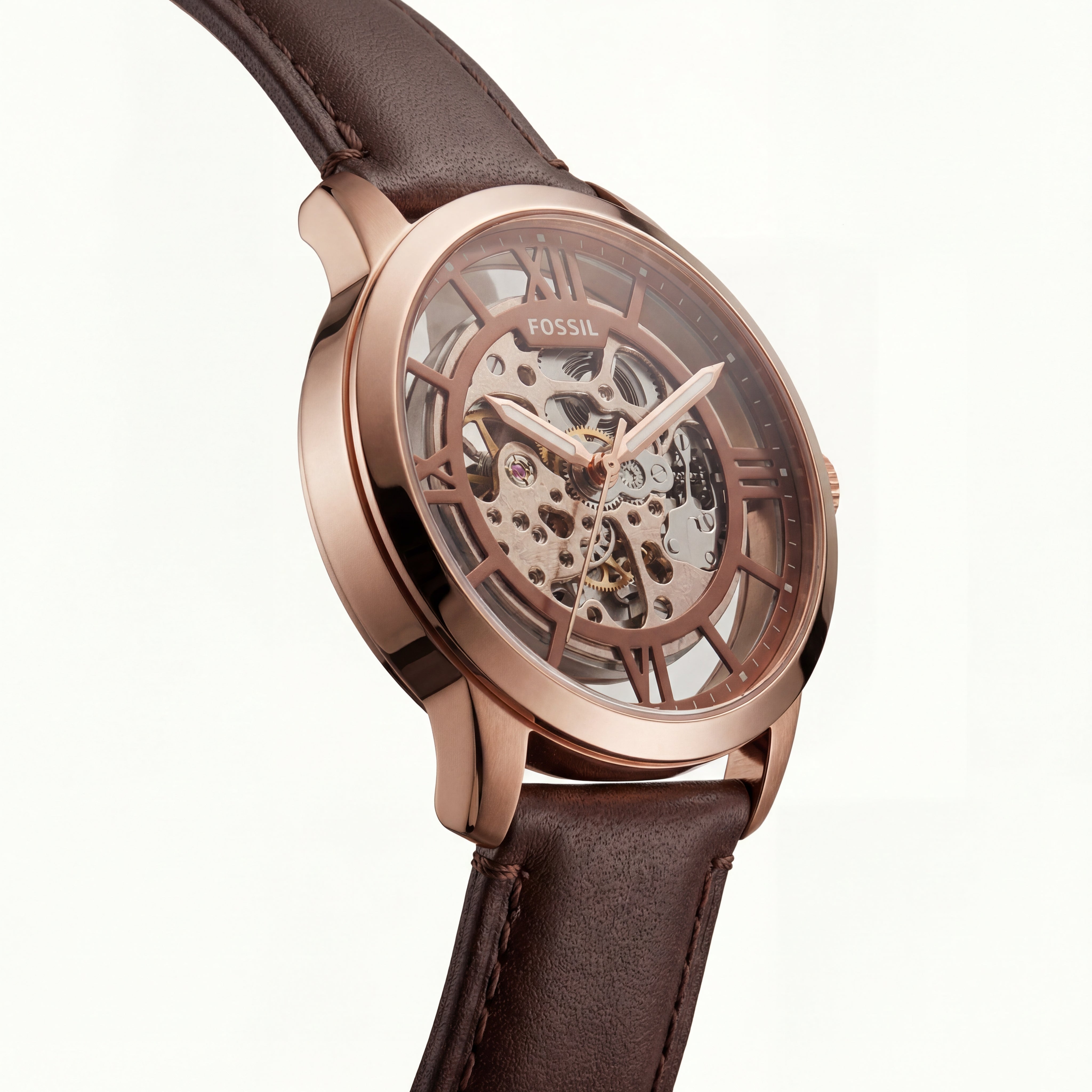 Rose Gold Skeleton Automatic Men’s Watch with Brown Leather Strap