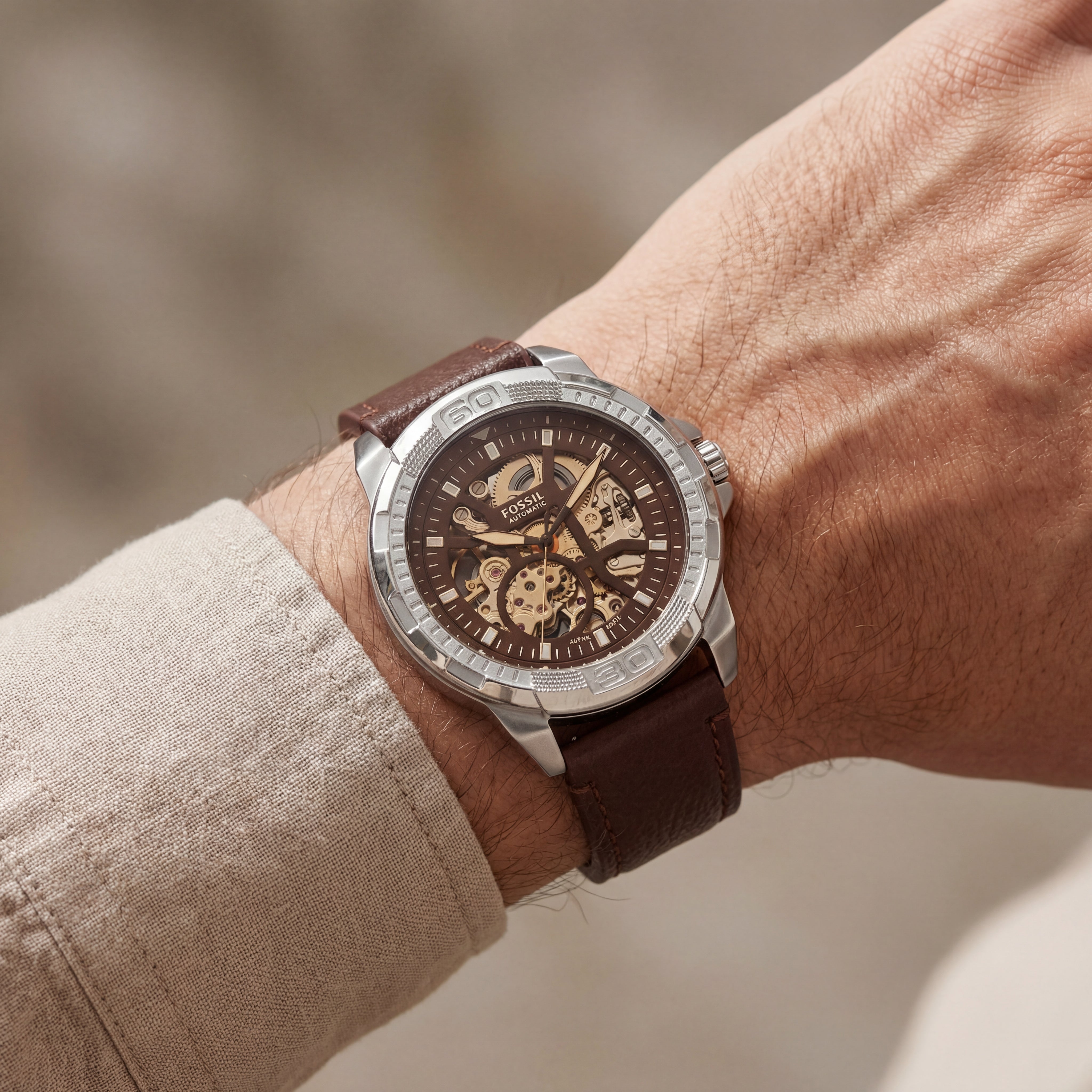 Skeleton Automatic Men’s Watch with Brown Leather Strap