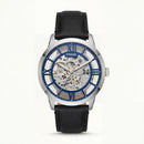 Silver Blue Skeleton Automatic Men’s Watch with Black Leather Strap