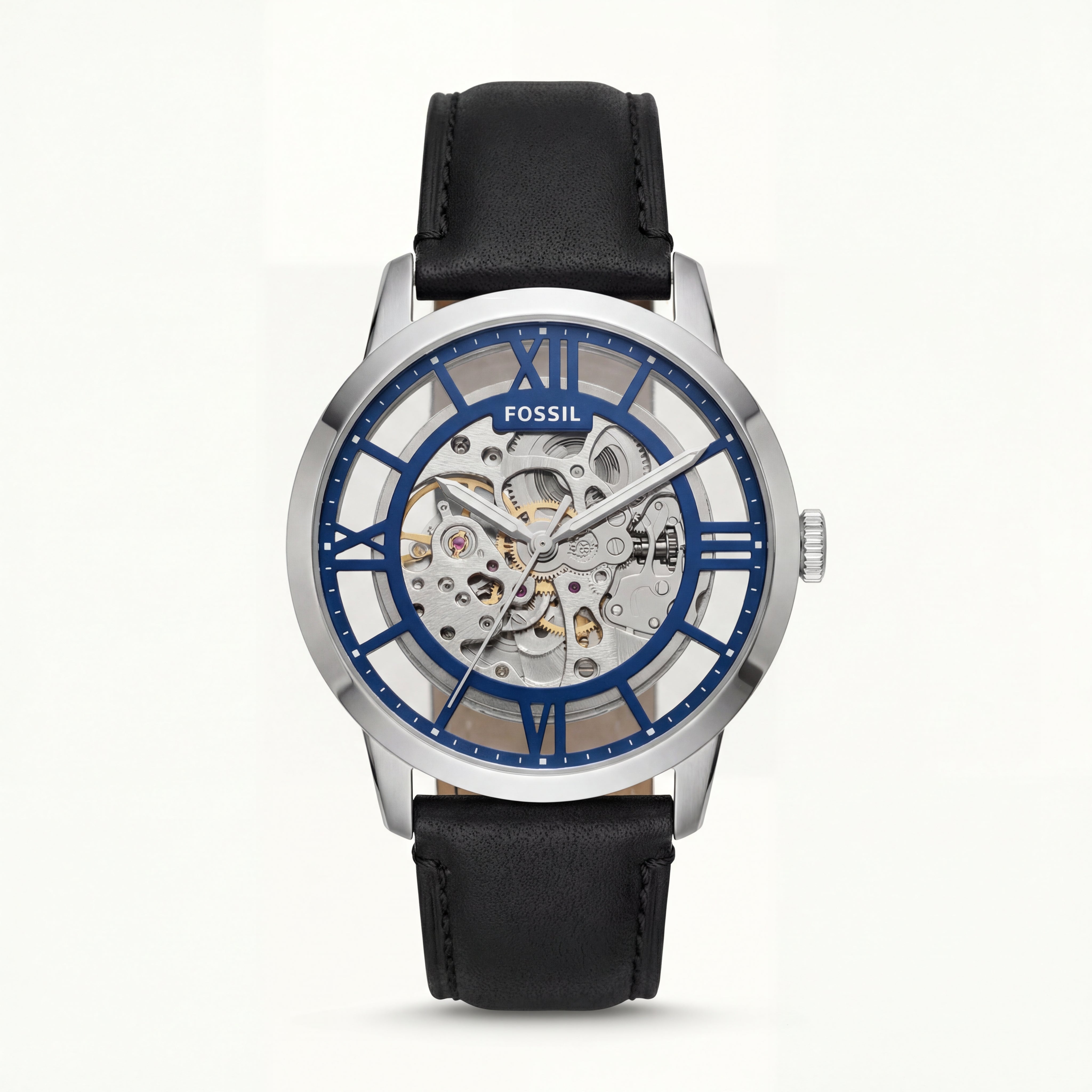 Silver Blue Skeleton Automatic Men’s Watch with Black Leather Strap