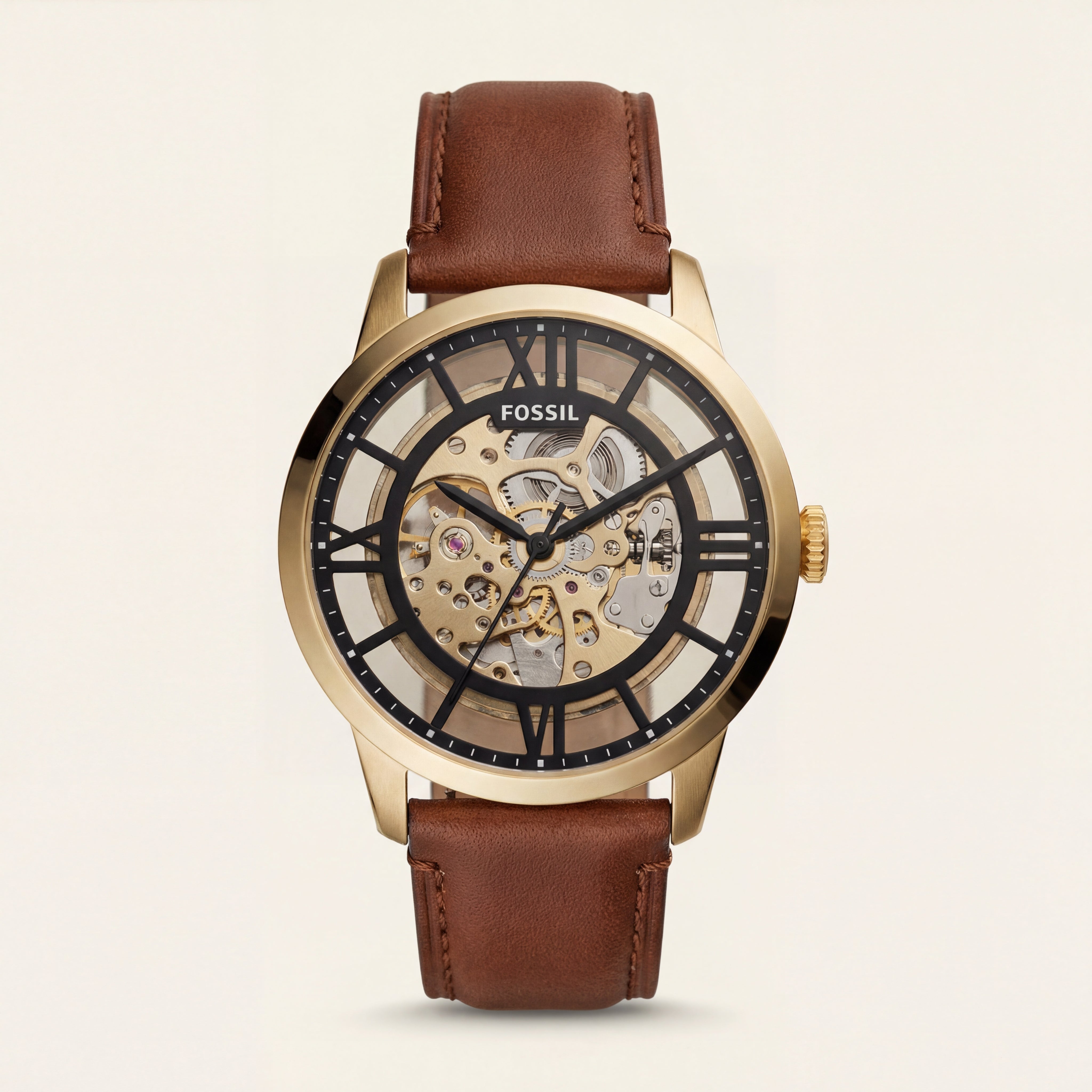 Gold Skeleton Automatic Men’s Watch with Brown Leather Strap