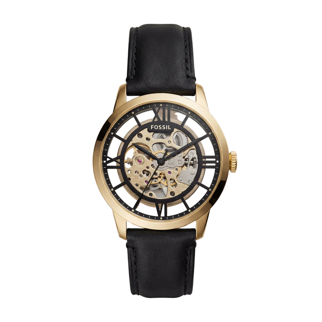 Gold Skeleton Automatic Men’s Watch with Black Leather Strap