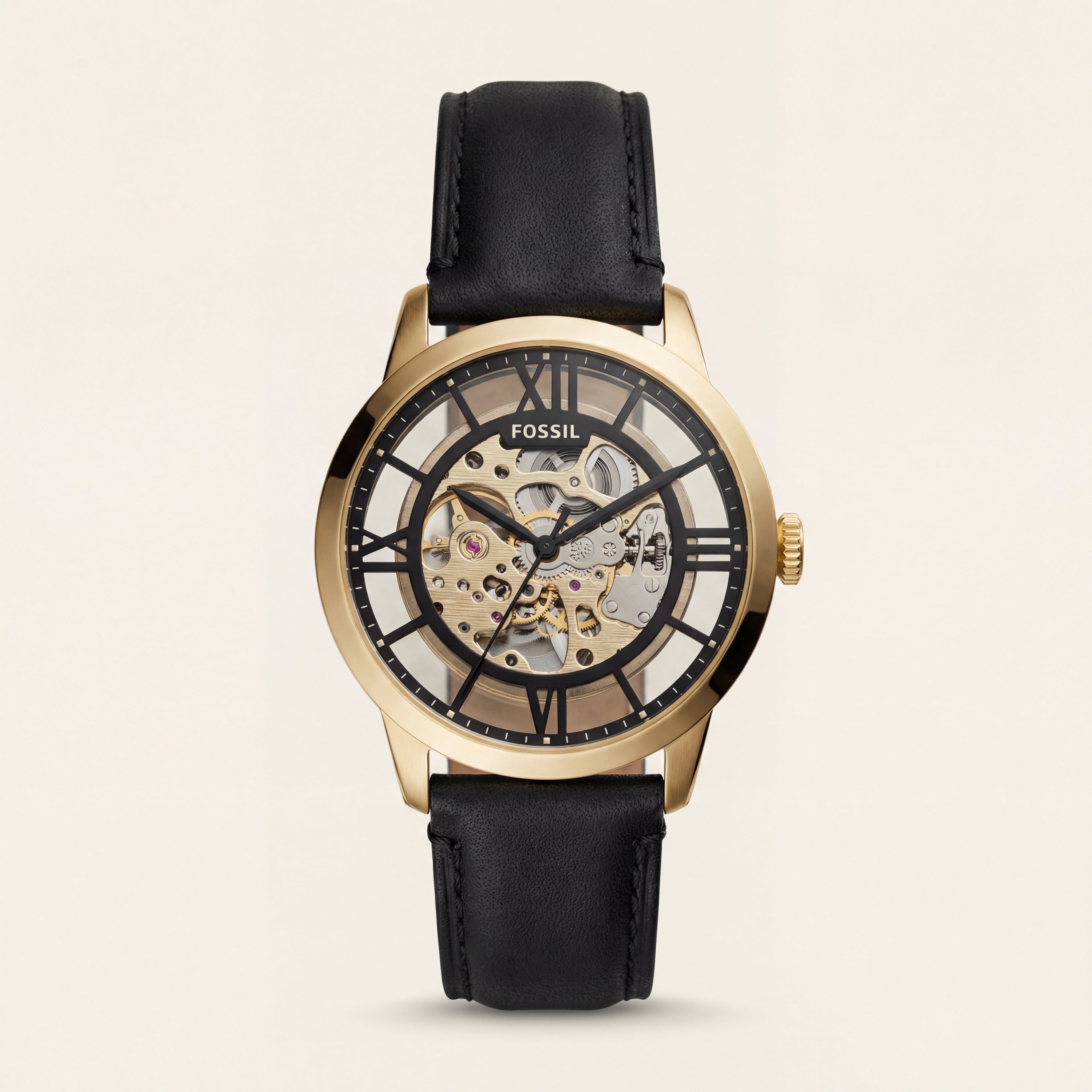 Gold Skeleton Automatic Men’s Watch with Black Leather Strap