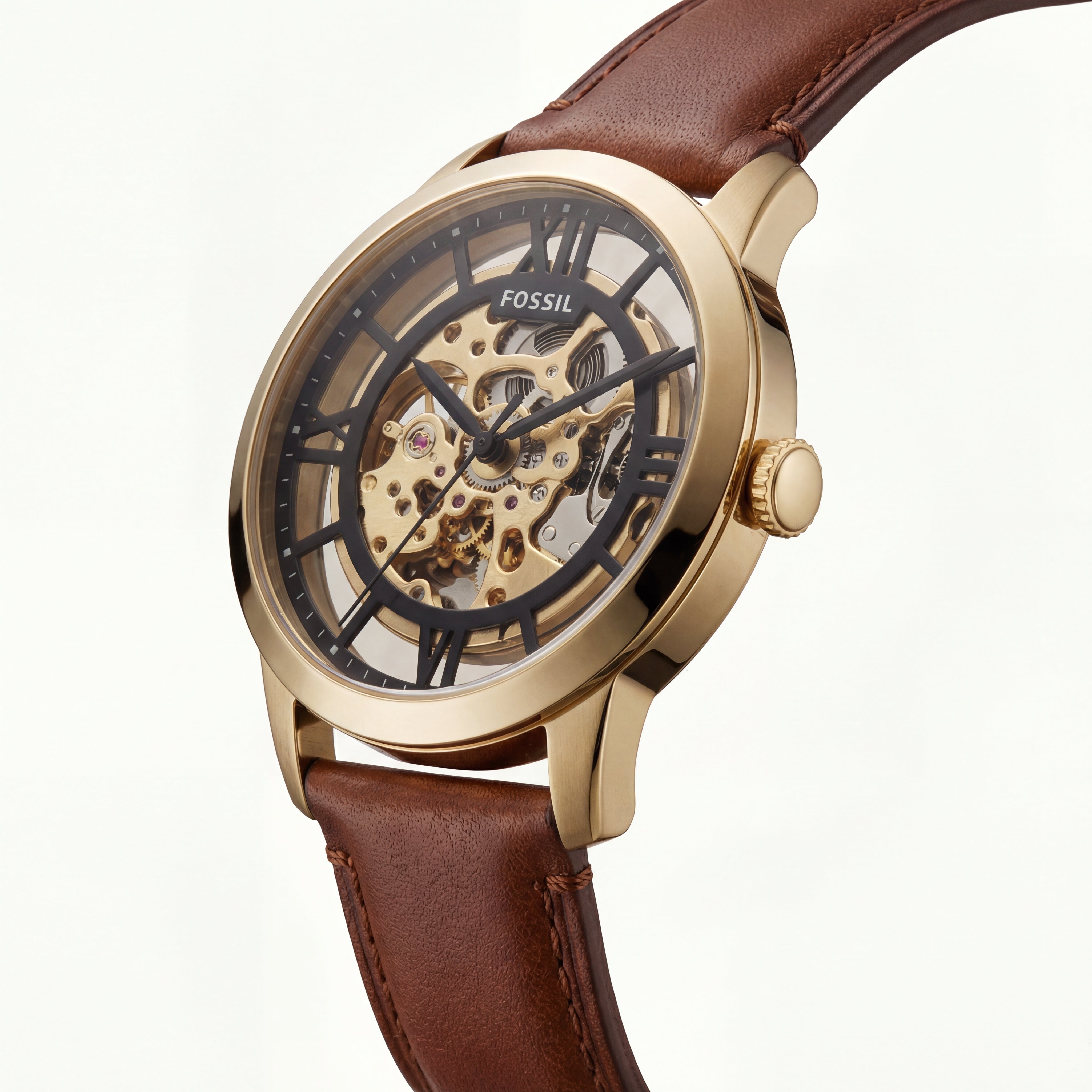 Gold Skeleton Automatic Men’s Watch with Brown Leather Strap