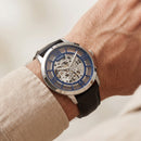 Silver Blue Skeleton Automatic Men’s Watch with Black Leather Strap