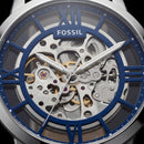 Silver Blue Skeleton Automatic Men’s Watch with Black Leather Strap