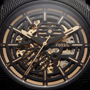 All-Black Skeleton Automatic Men’s Watch with Gold Mechanism