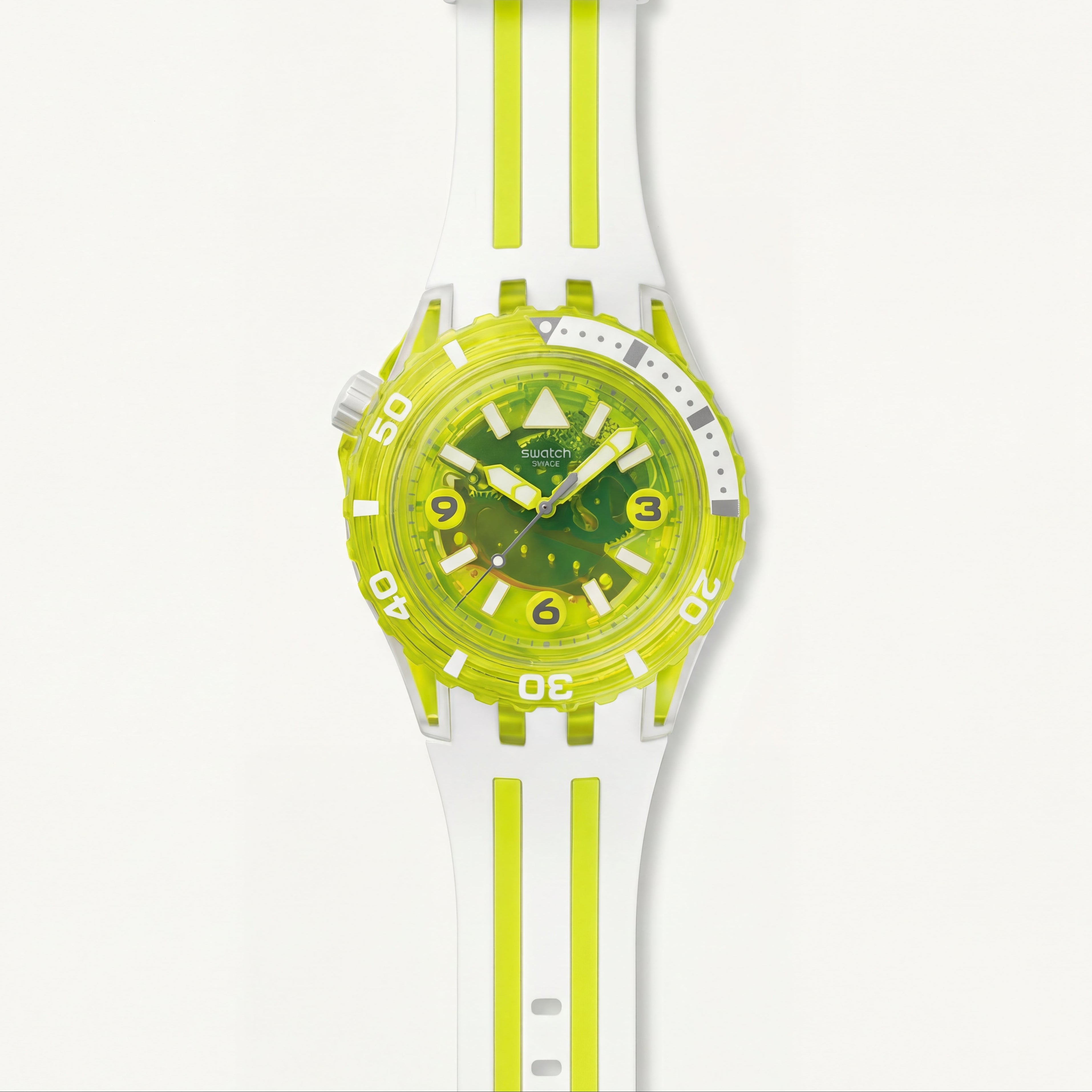 Neon Green Transparent Dive-Style Men’s Watch with White Sport Strap