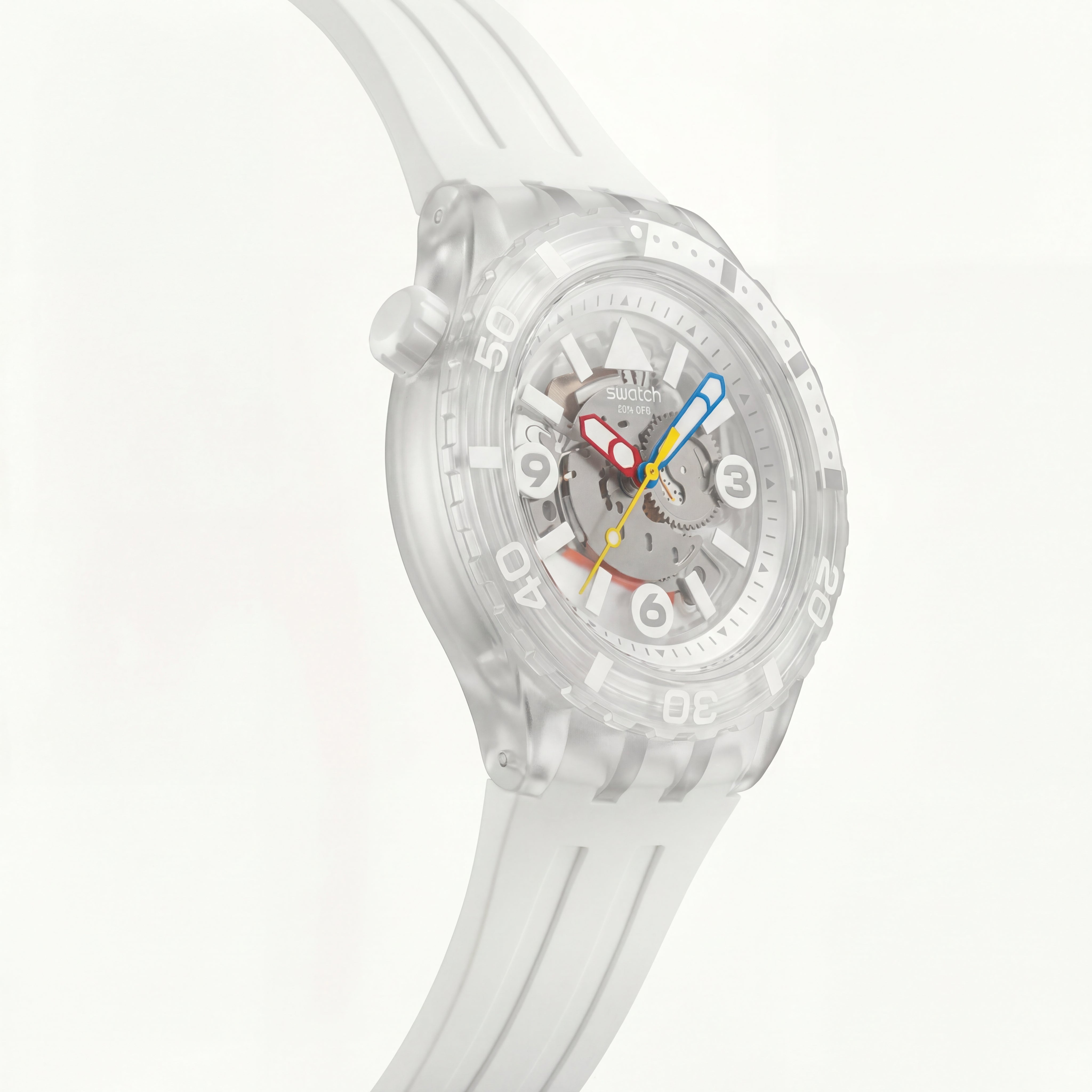 White Transparent Skeleton Dive-Style Men’s Watch with Multicolor Hands