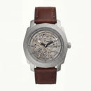 Luxury Skeleton Dial Automatic Men’s Watch with Textured Steel Case & Brown Leather Strap