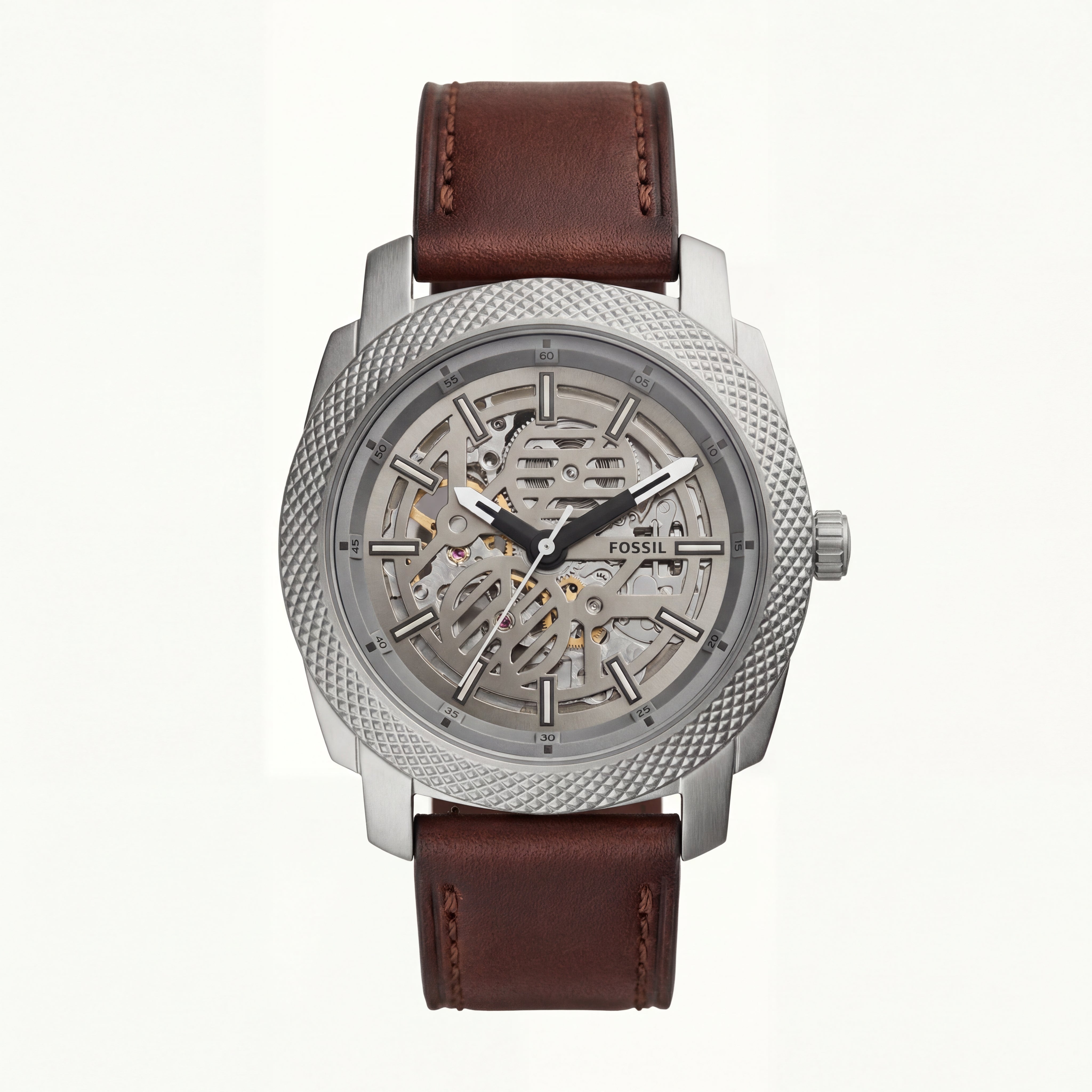 Luxury Skeleton Dial Automatic Men’s Watch with Textured Steel Case & Brown Leather Strap