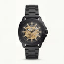Luxury Black Skeleton Automatic Men’s Watch with Gold Mechanical Dial & Matte Steel Bracelet