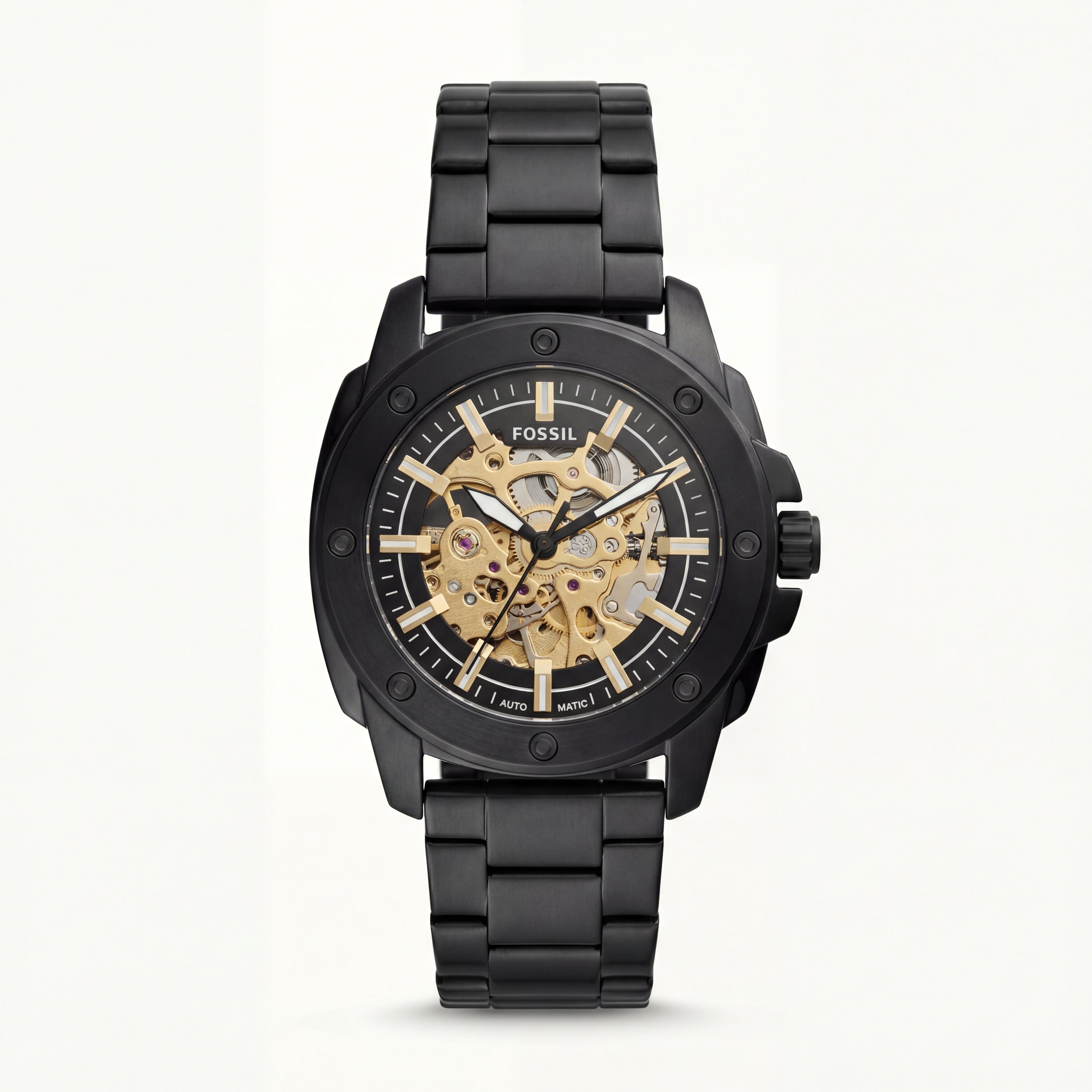 Luxury Black Skeleton Automatic Men’s Watch with Gold Mechanical Dial & Matte Steel Bracelet