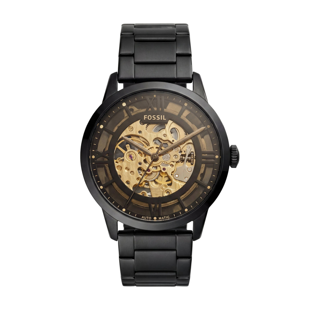 Luxury Black Skeleton Automatic Men’s Watch with Gold Open-Work Dial & Matte Steel Bracelet