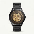 Luxury Black Skeleton Automatic Men’s Watch with Gold Open-Work Dial & Matte Steel Bracelet