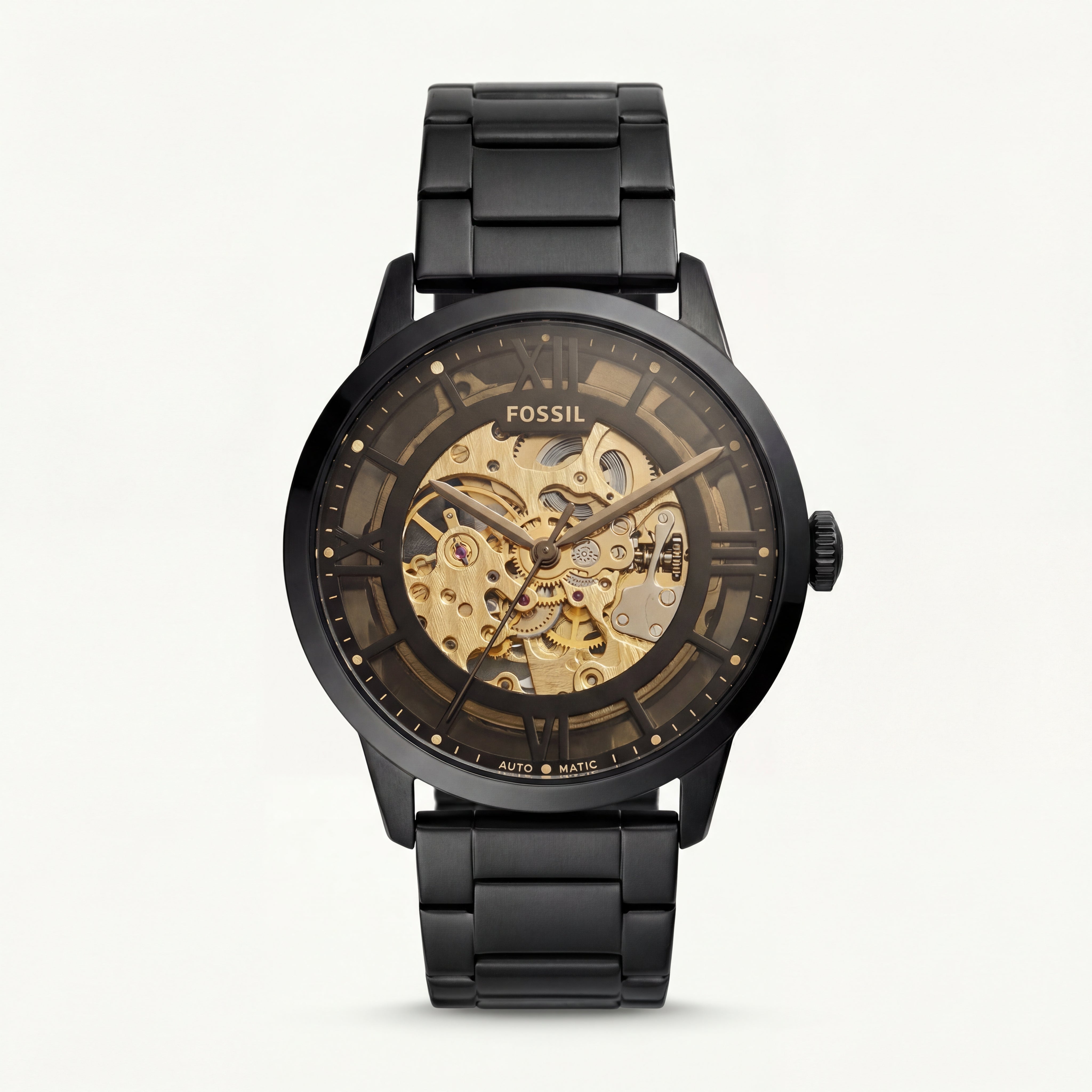 Luxury Black Skeleton Automatic Men’s Watch with Gold Open-Work Dial & Matte Steel Bracelet