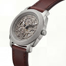 Luxury Skeleton Dial Automatic Men’s Watch with Textured Steel Case & Brown Leather Strap