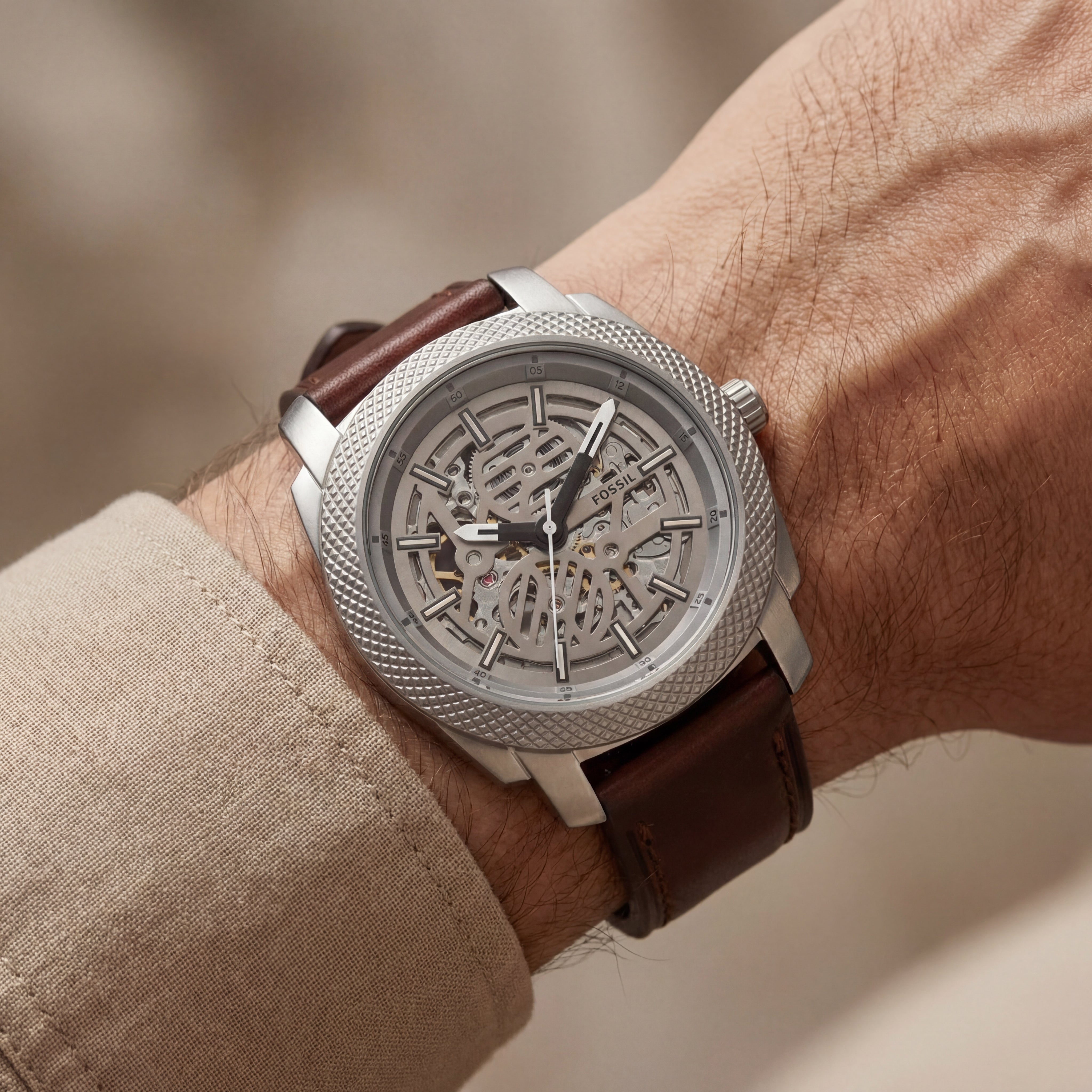 Luxury Skeleton Dial Automatic Men’s Watch with Textured Steel Case & Brown Leather Strap