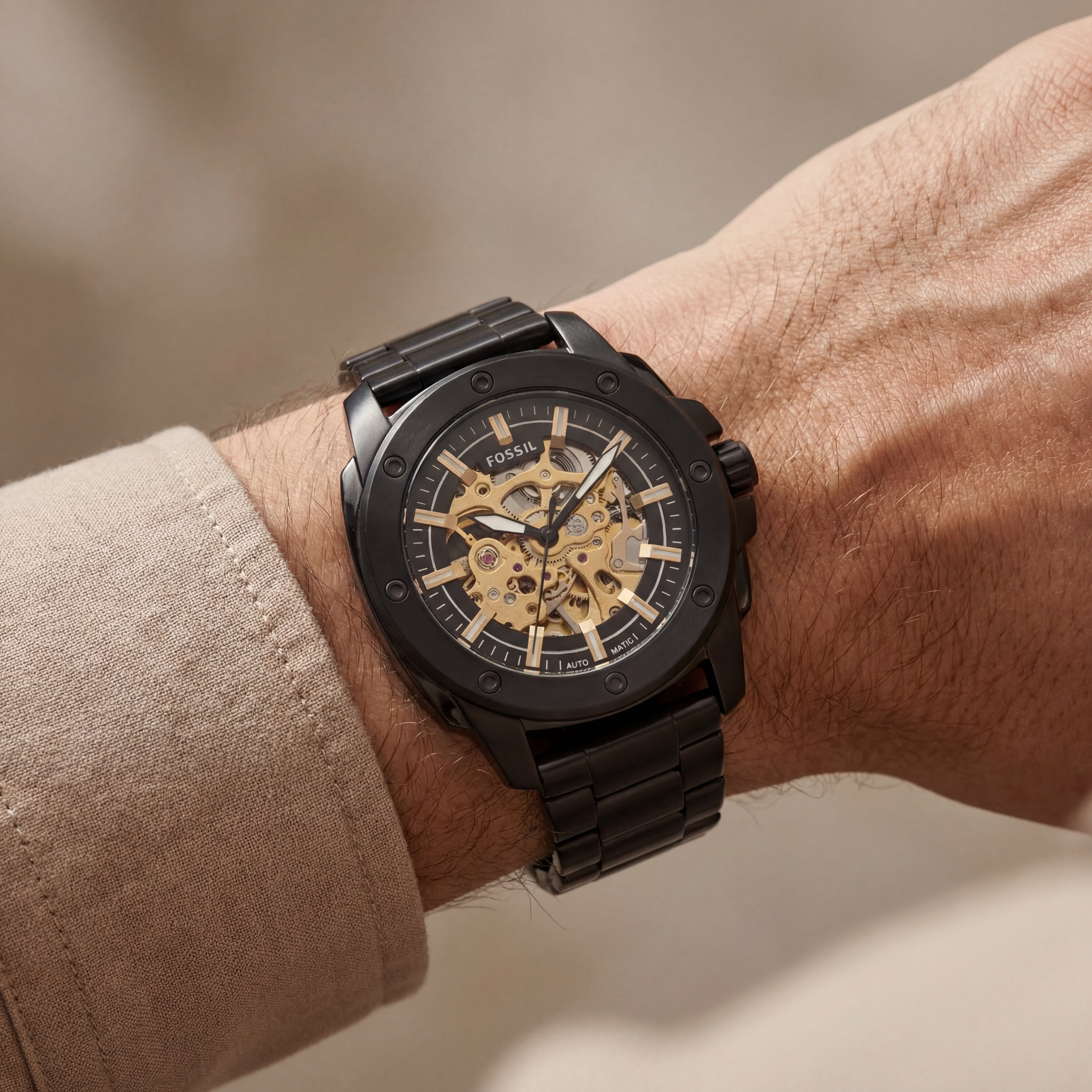 Luxury Black Skeleton Automatic Men’s Watch with Gold Mechanical Dial & Matte Steel Bracelet
