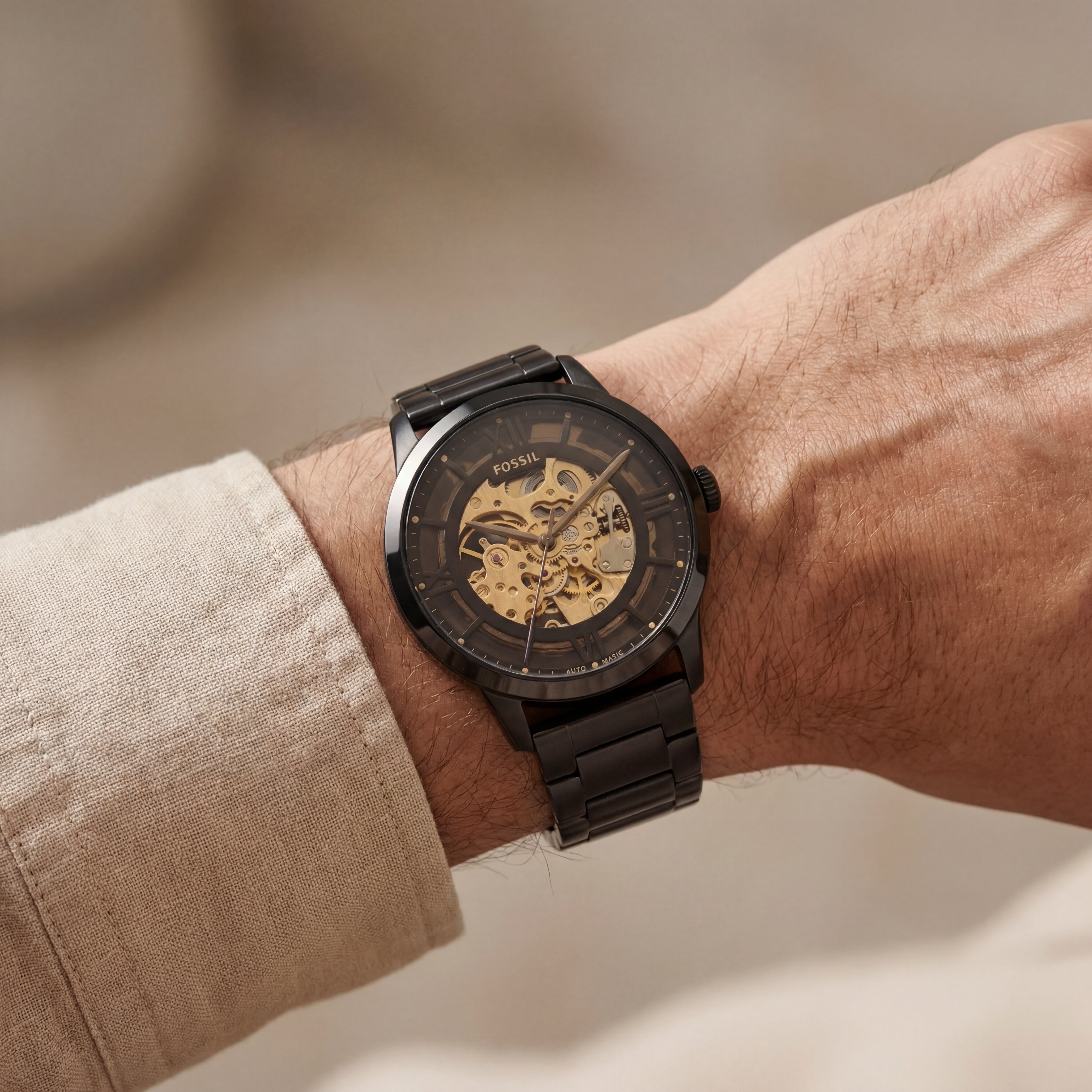 Luxury Black Skeleton Automatic Men’s Watch with Gold Open-Work Dial & Matte Steel Bracelet