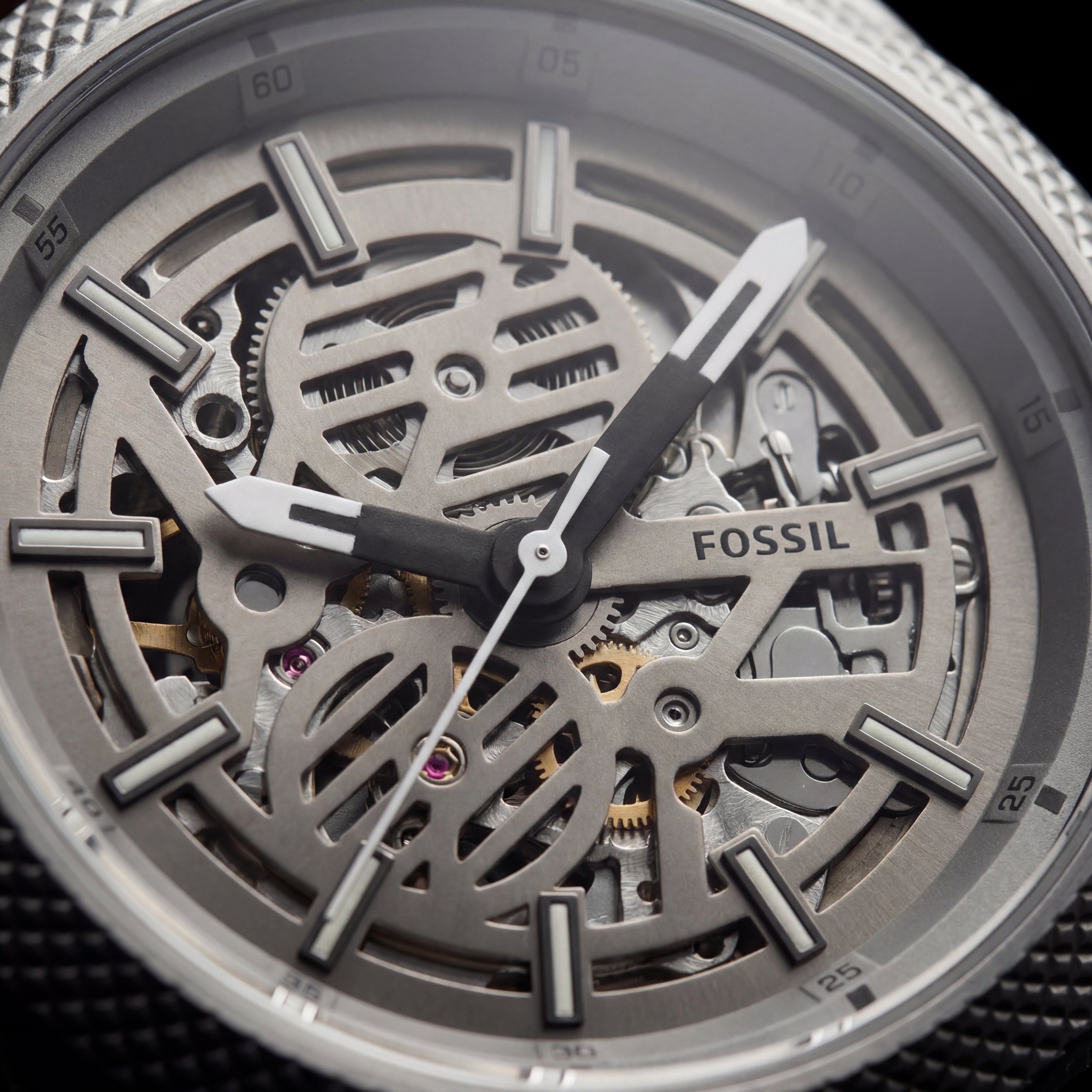 Luxury Skeleton Dial Automatic Men’s Watch with Textured Steel Case & Brown Leather Strap