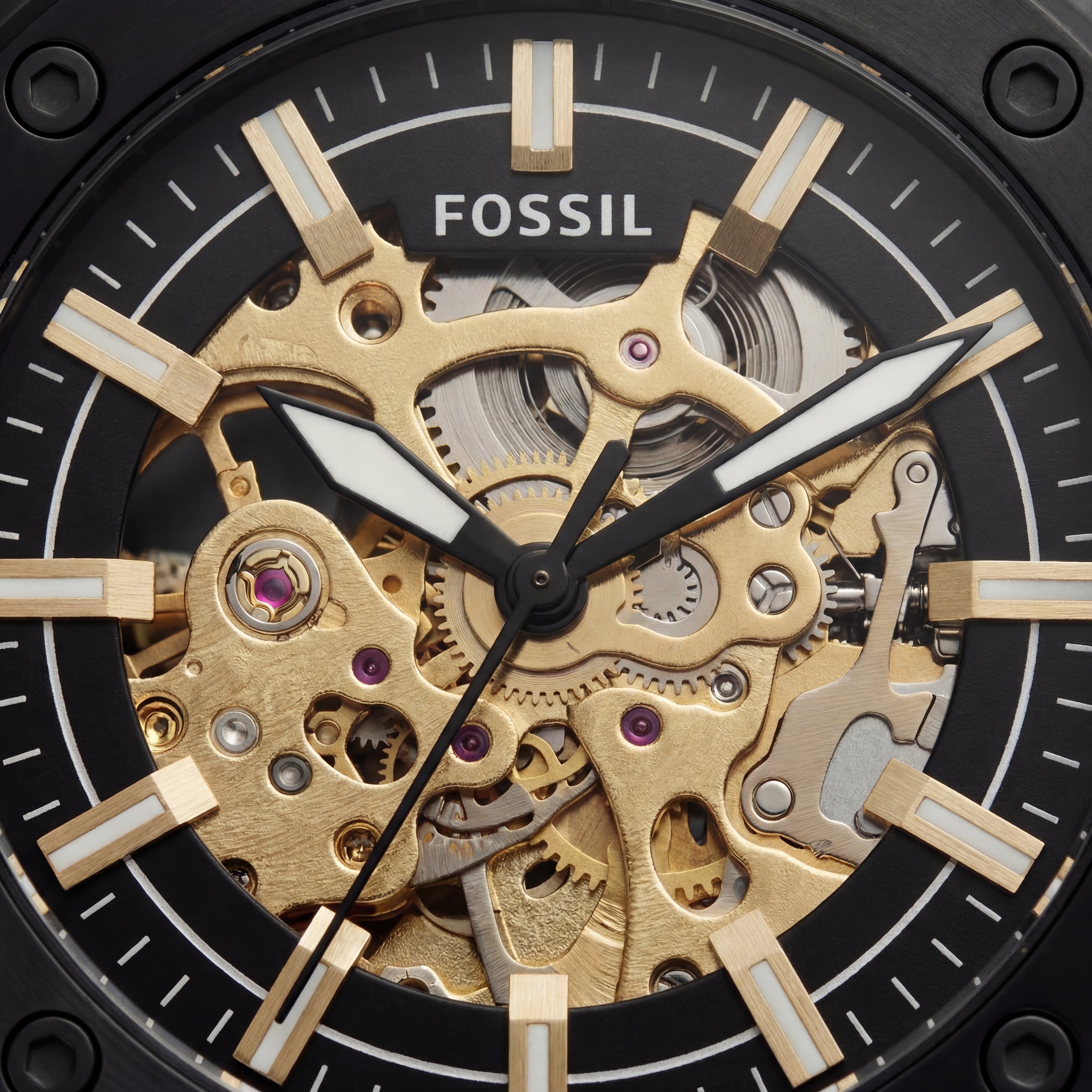 Luxury Black Skeleton Automatic Men’s Watch with Gold Mechanical Dial & Matte Steel Bracelet