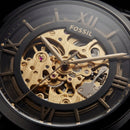 Luxury Black Skeleton Automatic Men’s Watch with Gold Open-Work Dial & Matte Steel Bracelet