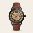 Luxury Skeleton Automatic Men’s Watch with Gold Open-Work Dial & Brown Leather Strap