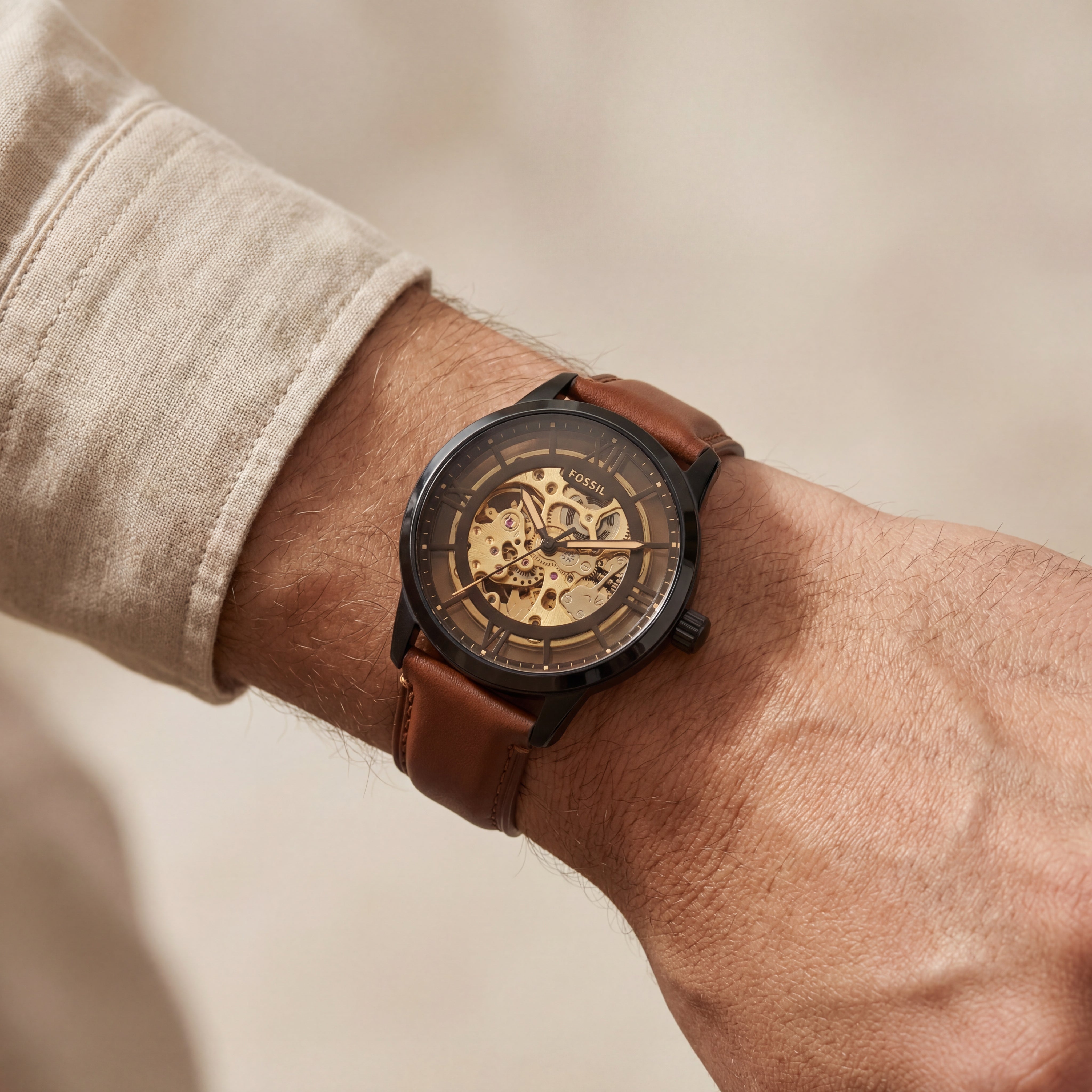 Luxury Skeleton Automatic Men’s Watch with Gold Open-Work Dial & Brown Leather Strap